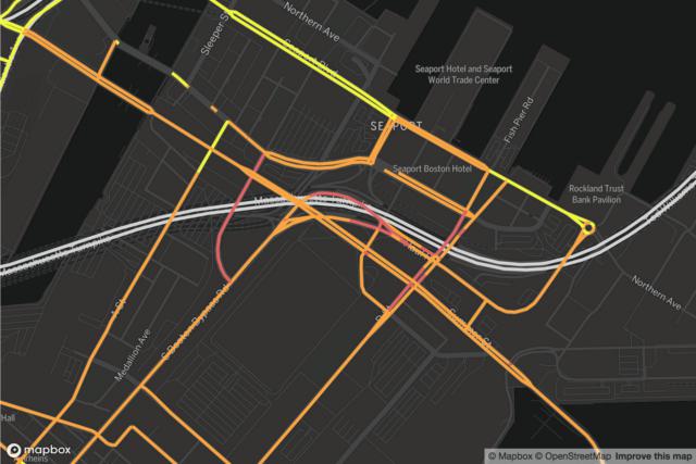 Map of rideshare traffic on roads in the Seaport district at 12 pm