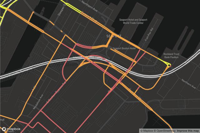 Map of rideshare traffic on roads in the Seaport district at 13 pm