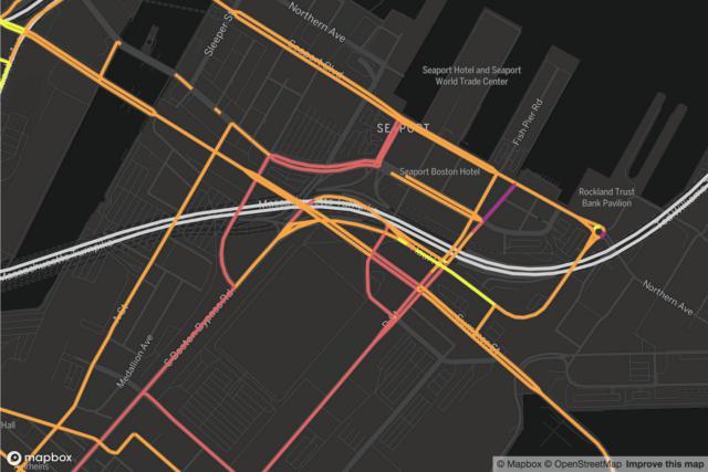 Map of rideshare traffic on roads in the Seaport district at 14 pm