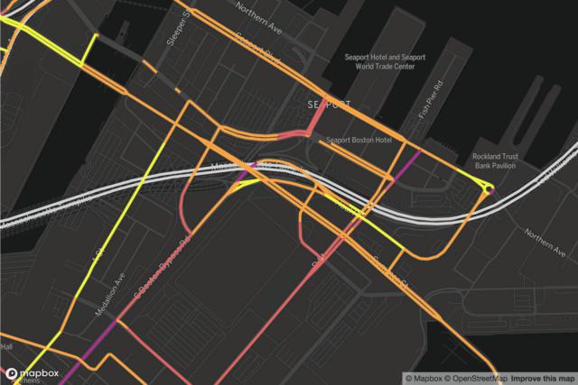 Map of rideshare traffic on roads in the Seaport district at 15 pm