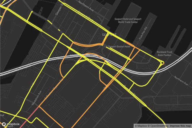 Map of rideshare traffic on roads in the Seaport district at 17 pm