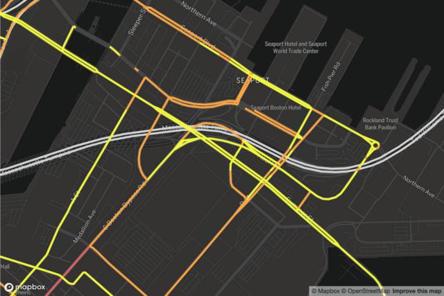Map of rideshare traffic on roads in the Seaport district at 18 pm
