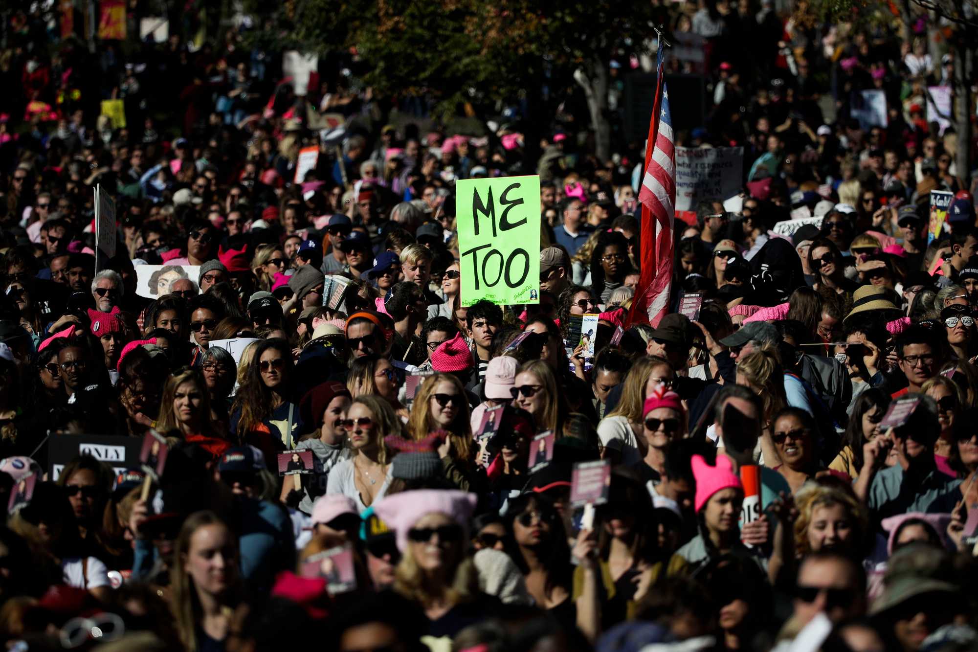 The #Metoo movement is credited with bringing accountability on sexual harassment in the workplace, elevating once marginal voices, and inspiring millions of people, including these demonstrators in Los Angeles on Jan. 20, 2018.
