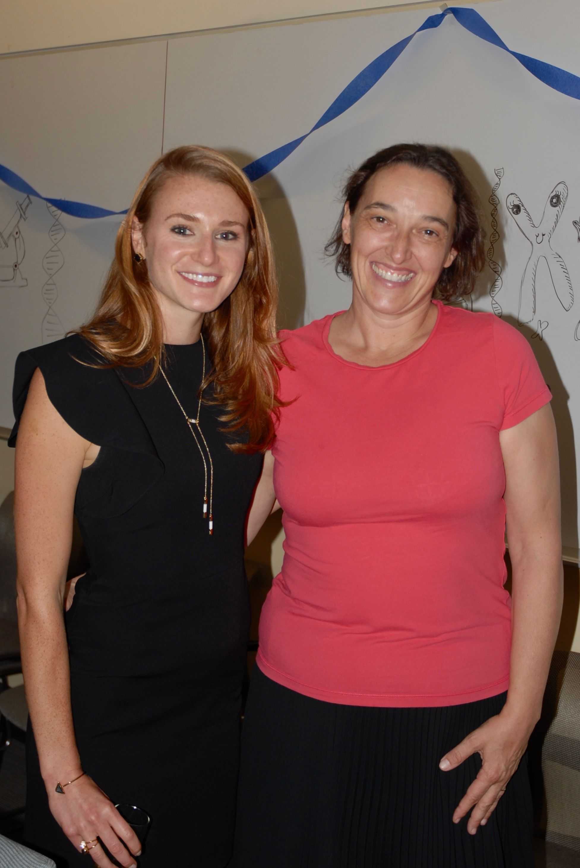 Kristin Knouse with her mentor, MIT cell biologist Angelika Amon, at a celebration after Knouse defended her PhD thesis in the fall of 2016, four years before Amon died of ovarian cancer. 