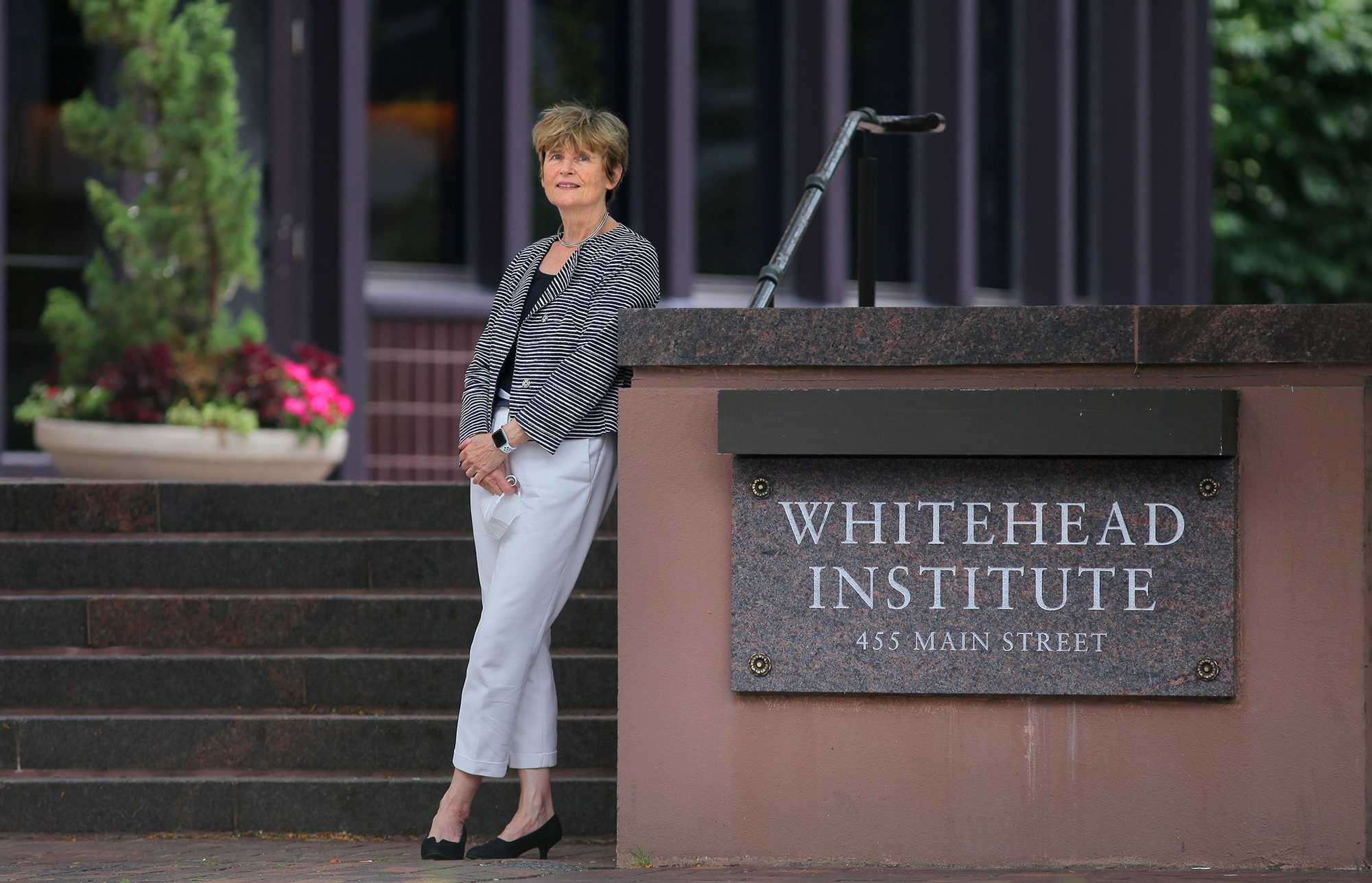 Ruth Lehmann outside the Whitehead Institute in Kendall Square in Cambridge in early July 2020, just days after taking over as its new director.  