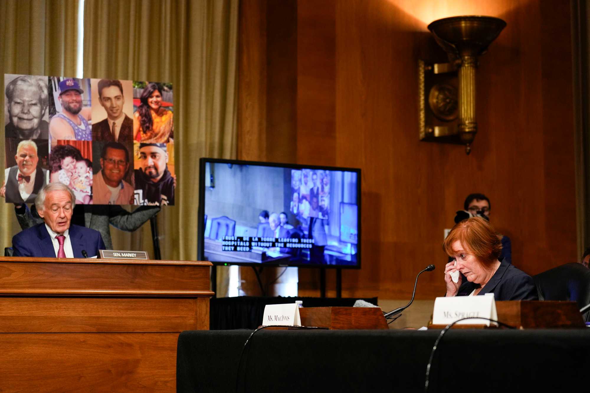 Ellen MacInnis, a nurse at St. Elizabeth’s Medical Center, wiped away tears as Senator Ed Markey spoke about patients that died at Steward-owned hospitals, during a hearing of the US Senate Committee on Health, Education, Labor, & Pensions on Sept. 12, 2024. 