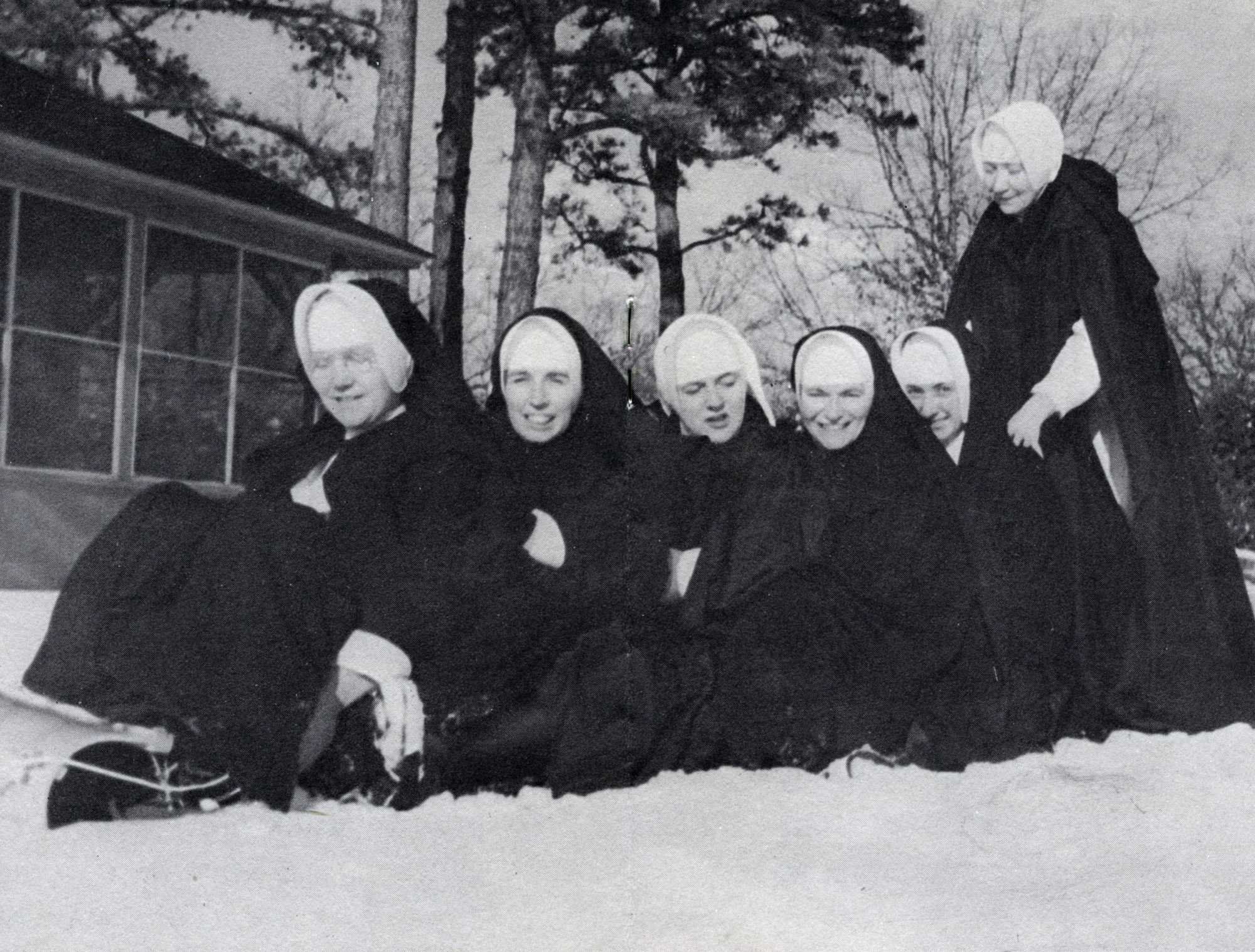 Sisters of Bon Secours assigned to what is now Holy Family Hospital in Methuen enjoying winter sledding in a photograph from the mid-1960s. Courtesy of the Sisters of Bon Secours.