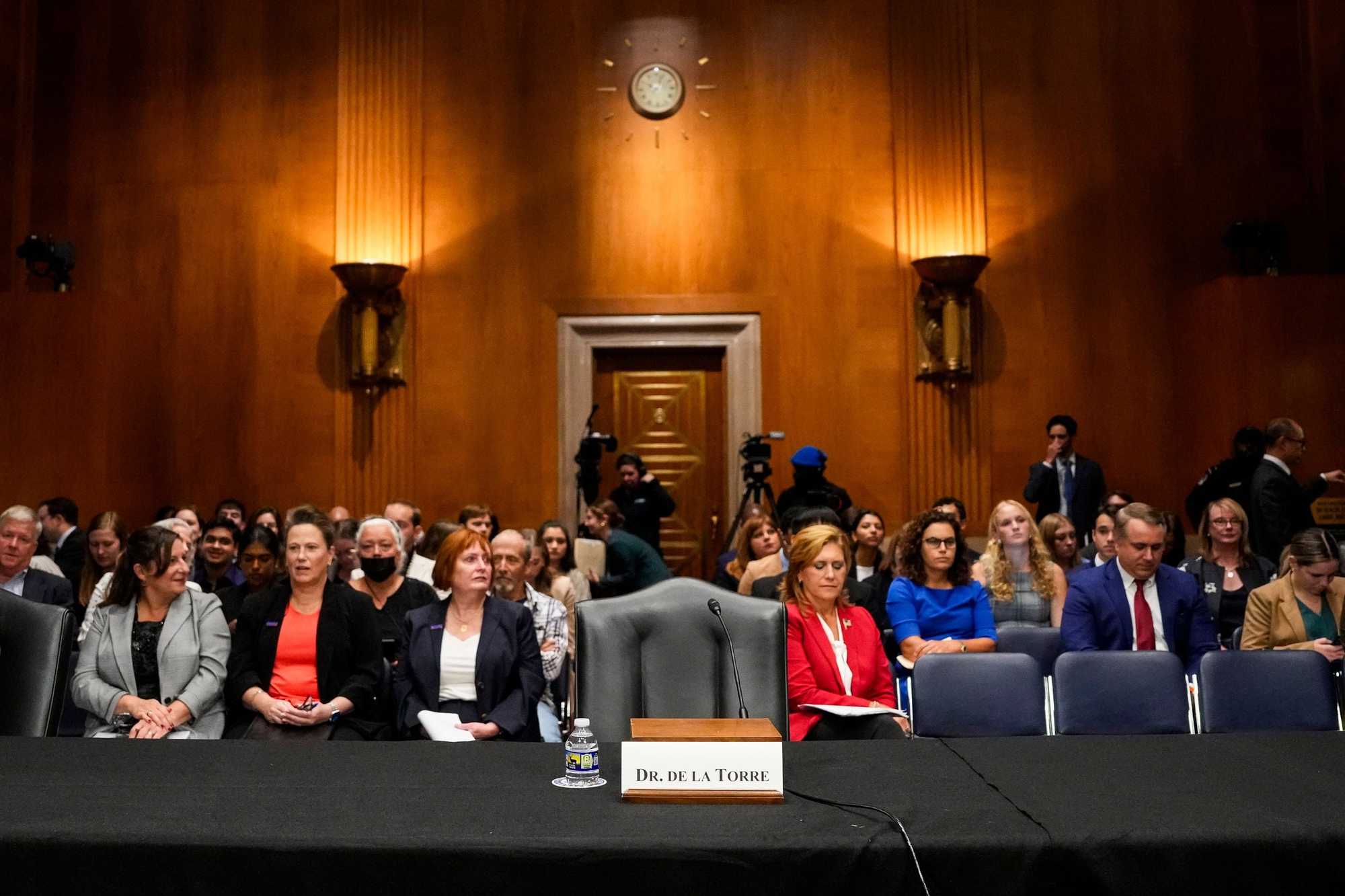 An empty chair reflected the absence of Steward Health Care System CEO Ralph de la Torre at a hearing of the US Senate Committee on Health, Education, Labor, & Pensions on Sept. 12, 2024. De la Torre was ordered to attend but declined to do so.