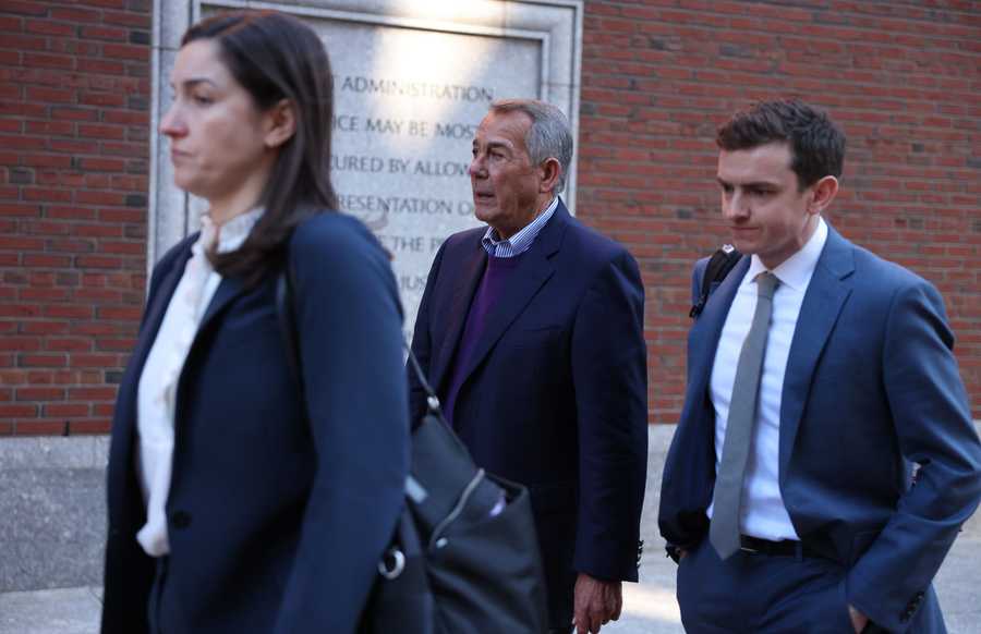 Former House speaker John Boehner (center) left federal court in Boston on Thursday after appearing before a grand jury investigating Steward Health Care.