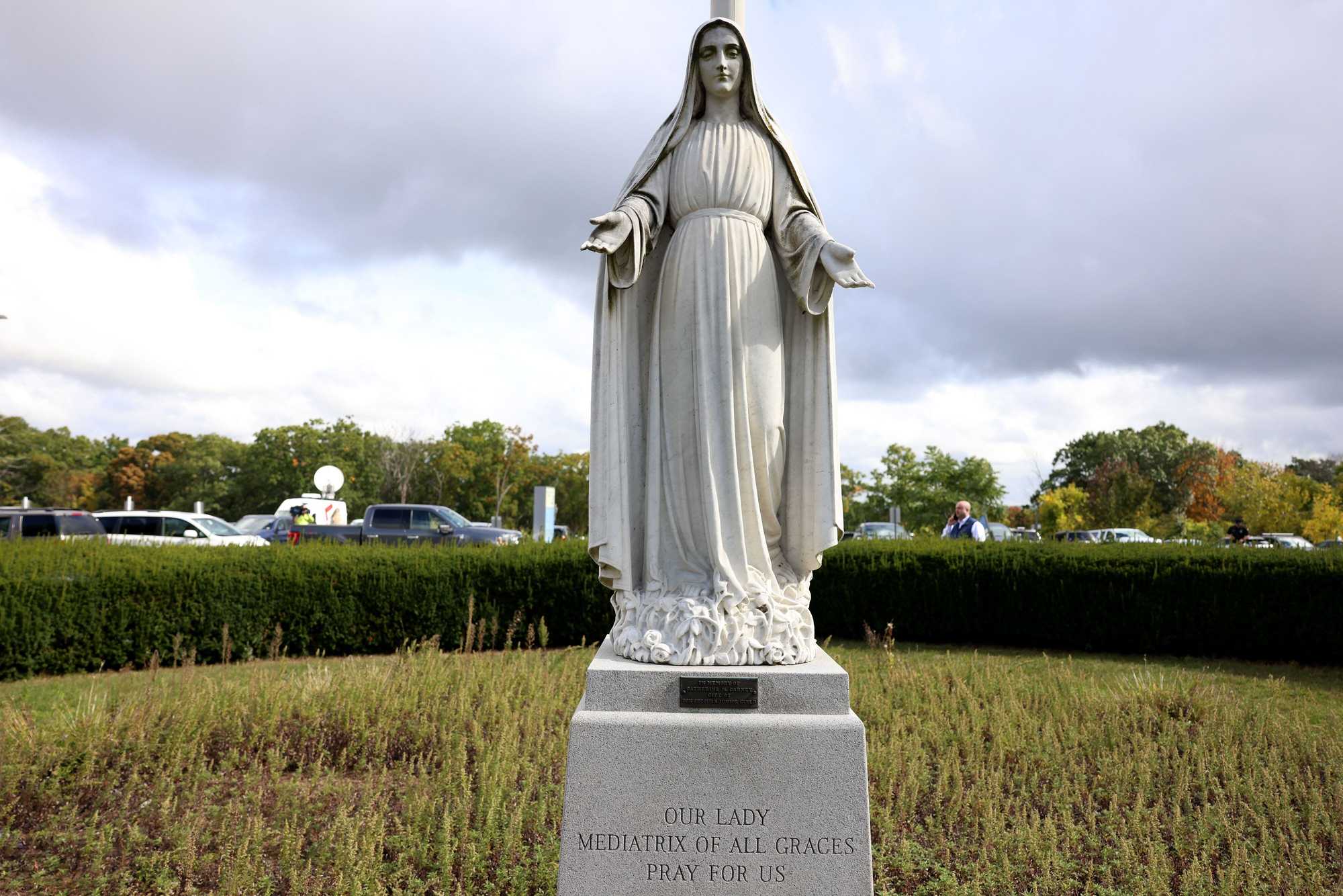 A statue of the Virgin Mary stood outside of Holy Family Hospital in Methuen in October 2024. The hospital, once part of Steward Health Care, has been taken over by Lawrence General Hospital.