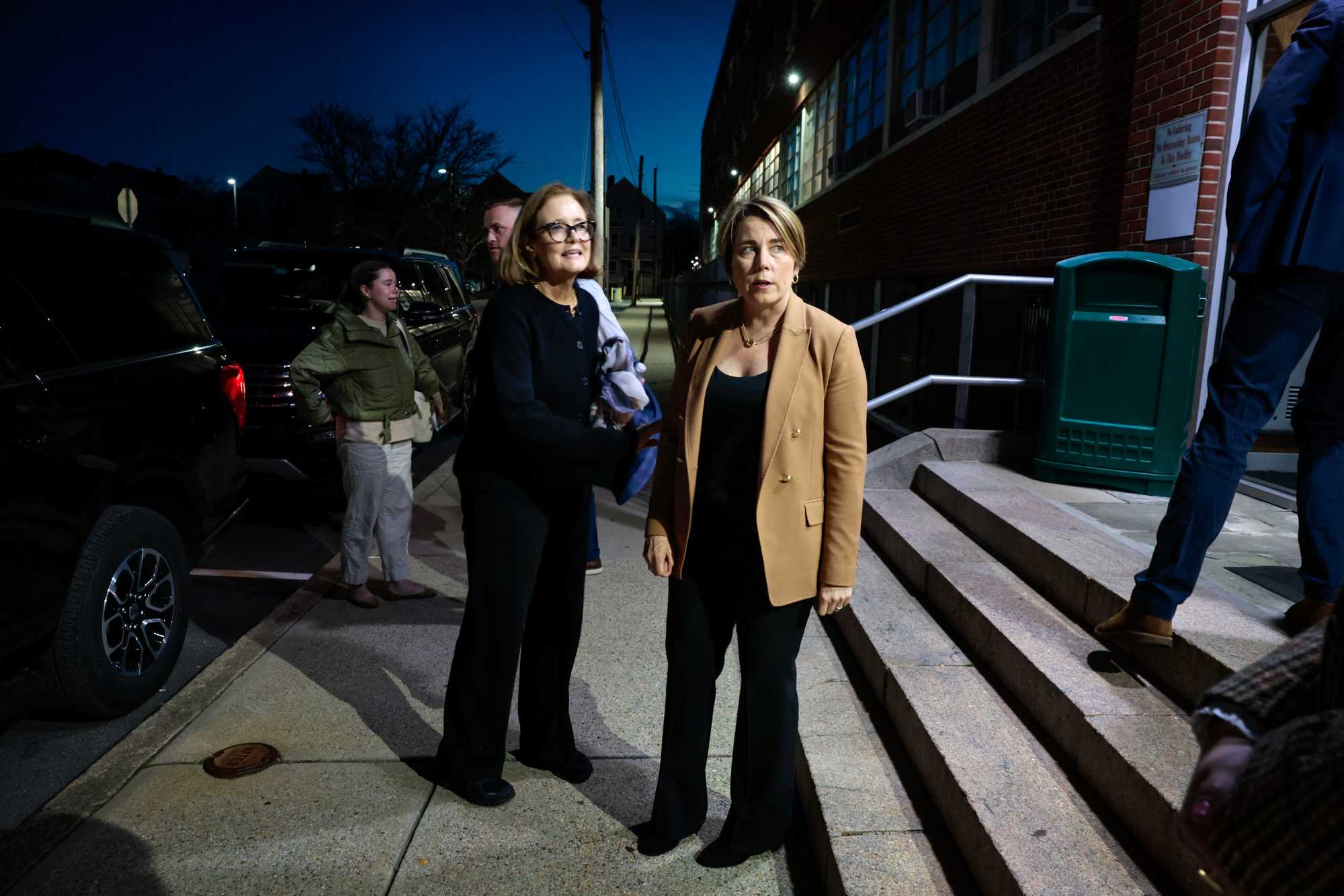 Health and Human Services Secretary Kate Walsh (left) and Governor Maura Healey, following a ceremony at St. Anne's Hospital in Fall River on Nov. 19. Healey and Walsh have come under criticism from front-line nurses and others for not taking more aggressive action to discipline Steward Health Care for regulatory violations and to demand improvements at its hospitals, where patients languished and, in some cases, died after receiving inadequate care.