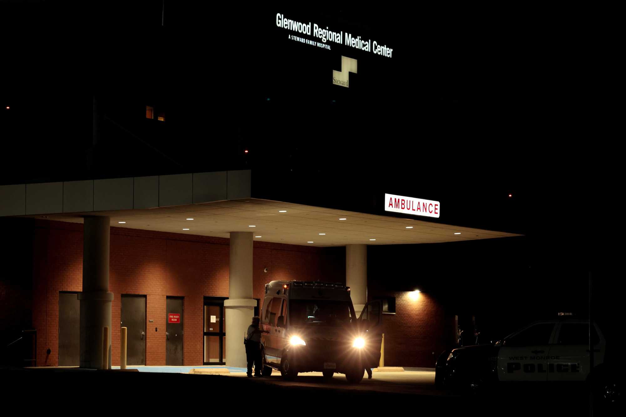 An ambulance idled in the bay at Glenwood Regional Medical Center in West Monroe, La., on Aug. 28, 2024. 