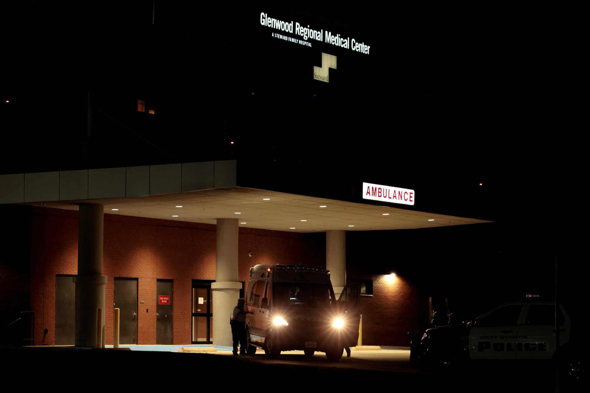 An ambulance idled in the bay at Glenwood Regional Medical Center in West Monroe, La., on Aug. 28, 2024.