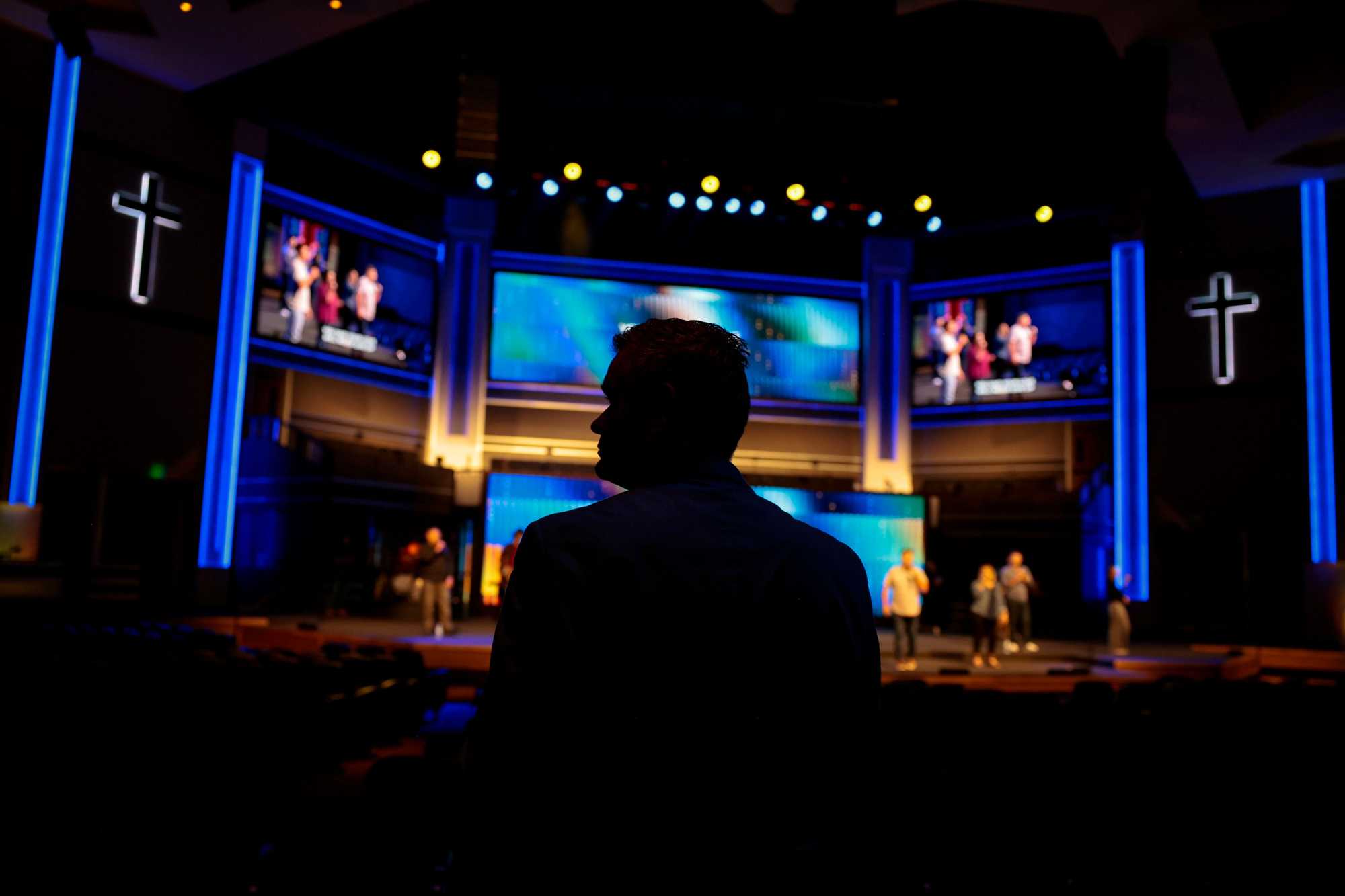 Executive Pastor Tim Spencer watched rehearsal before Sunday service at First West Church in West Monroe on Sunday, Sept. 1.