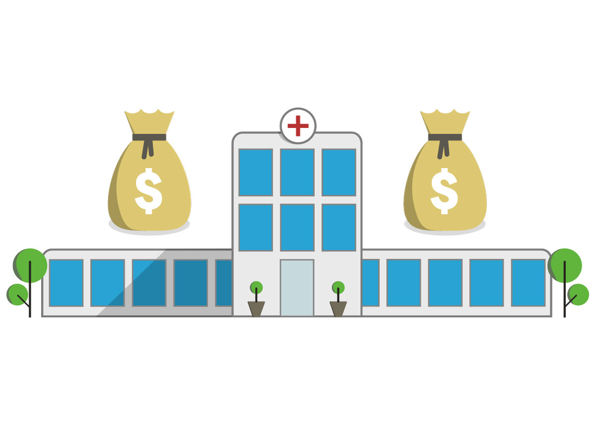 Illustration of a hospital with two bags of money to either side.