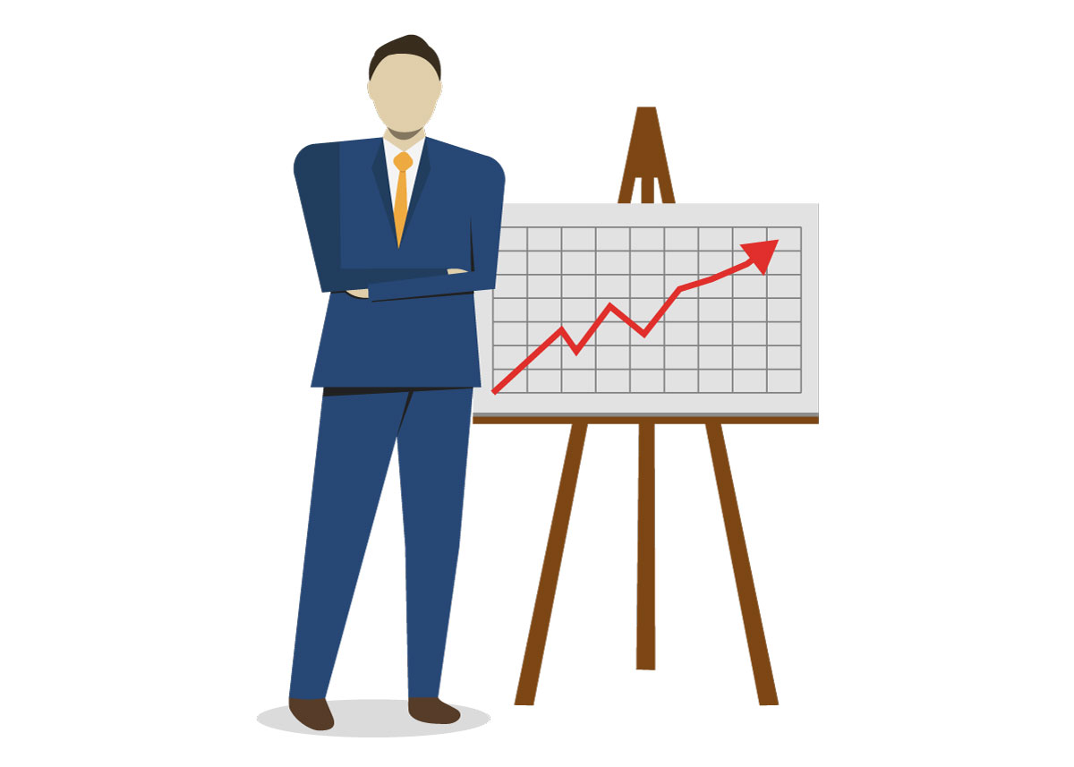 An illustration of an executive in a blue suit with a yellow tie standing in front of a chart showing a stock price going up.