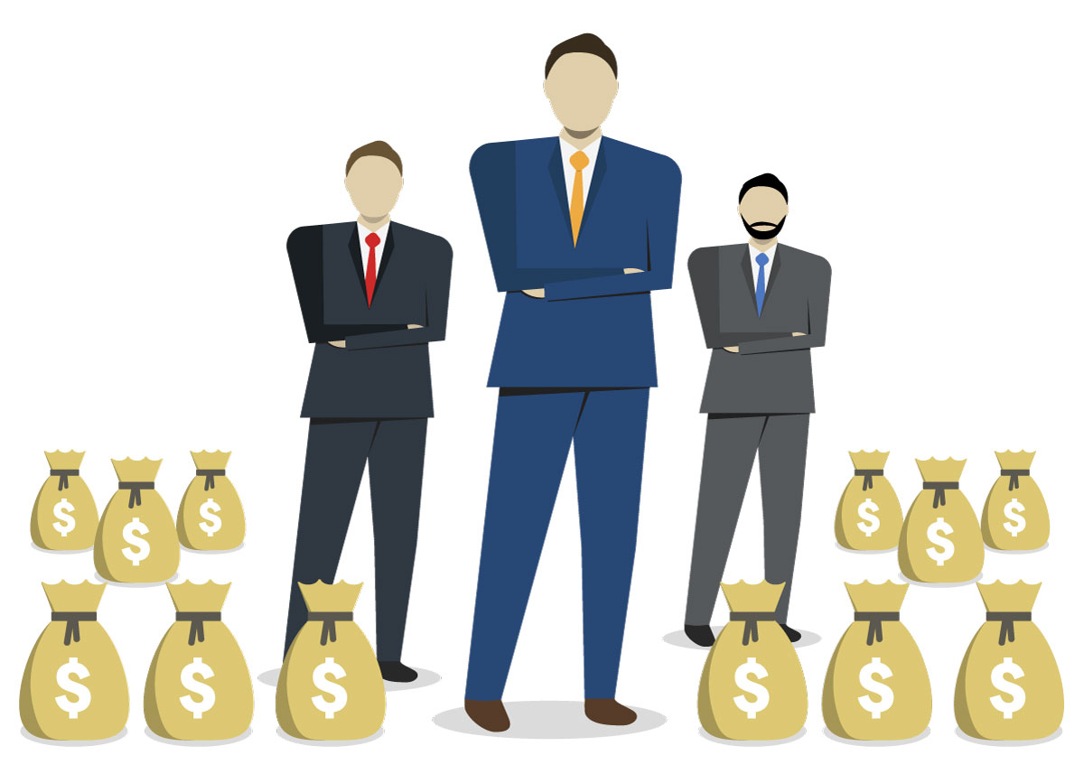 An illustration of three executives surrounded by bags of money.