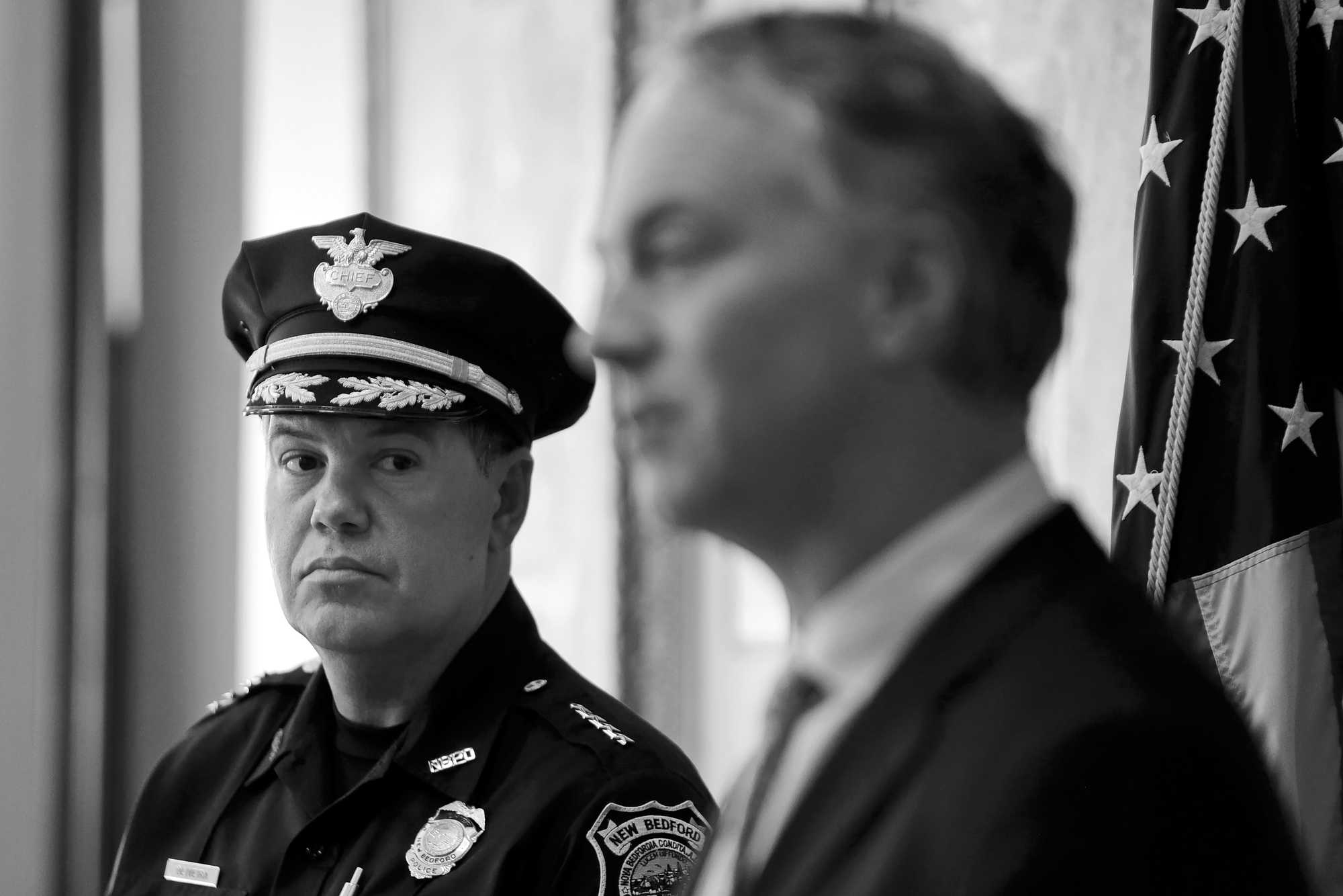 Paul Oliveira looked on as Mayor Jon Mitchell announced he would be New Bedford Police Department's new chief at a press conference in June 2021.