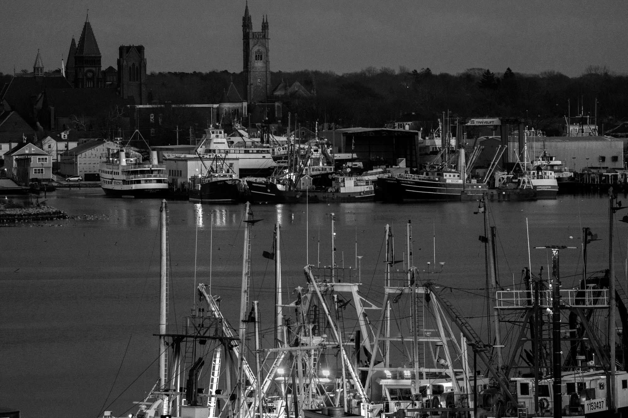 Fishing boats were tied up in New Bedford, near where the Acushnet River empties into Buzzards Bay. 