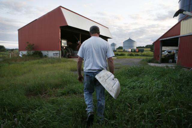 Marc Boettcher did his morning chores on the farm in Bloomer, Wisc. Boettcher was forced to give up his dairy cows recently but feels the tariffs Trump is imposing on China are worth the temporary pain.