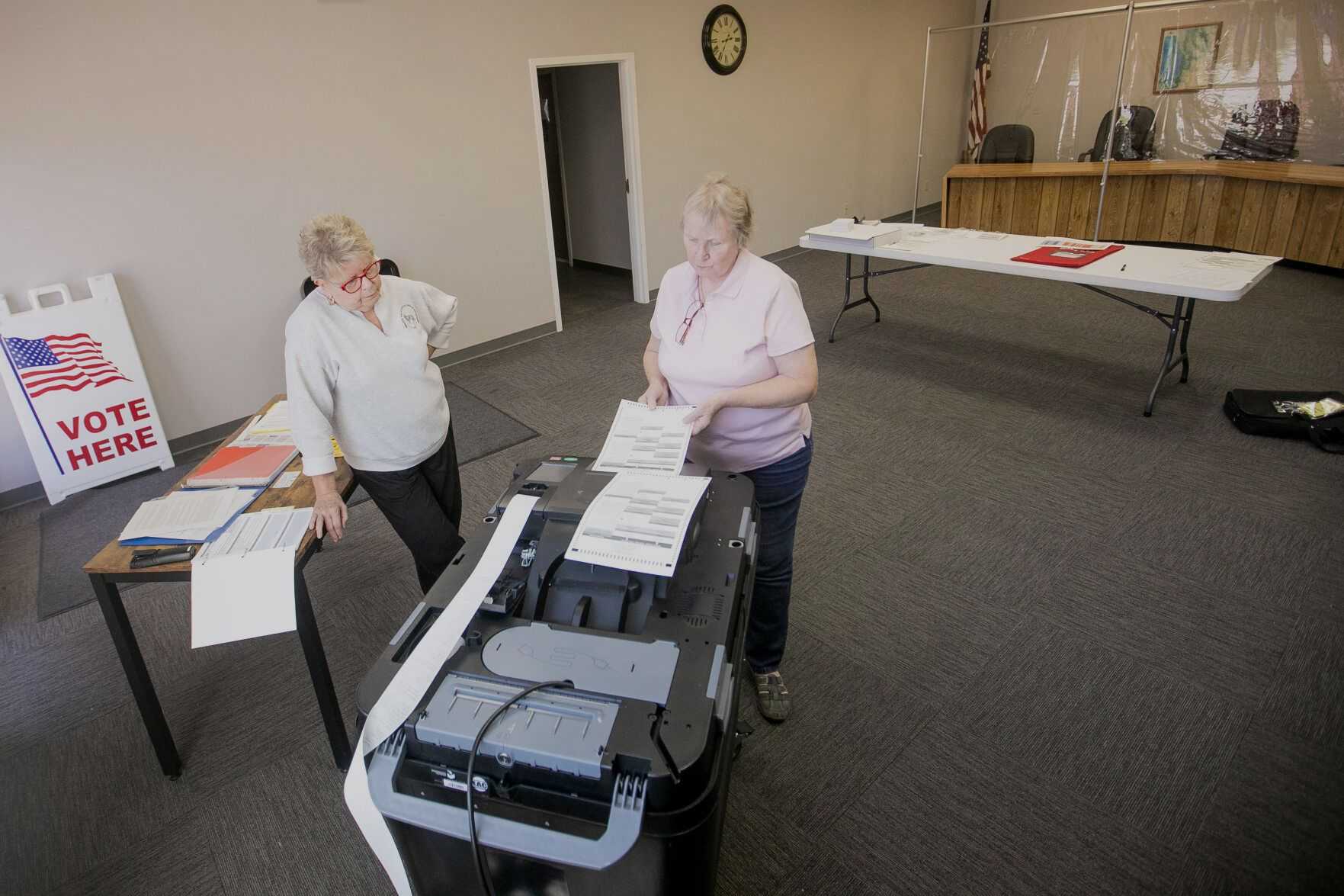 Central Lake Township Clerk Judith Kosloski (left) and Deputy Clerk Pat Marshall entered ballots as they performed a public accuracy test on July 22 in the township offices. 