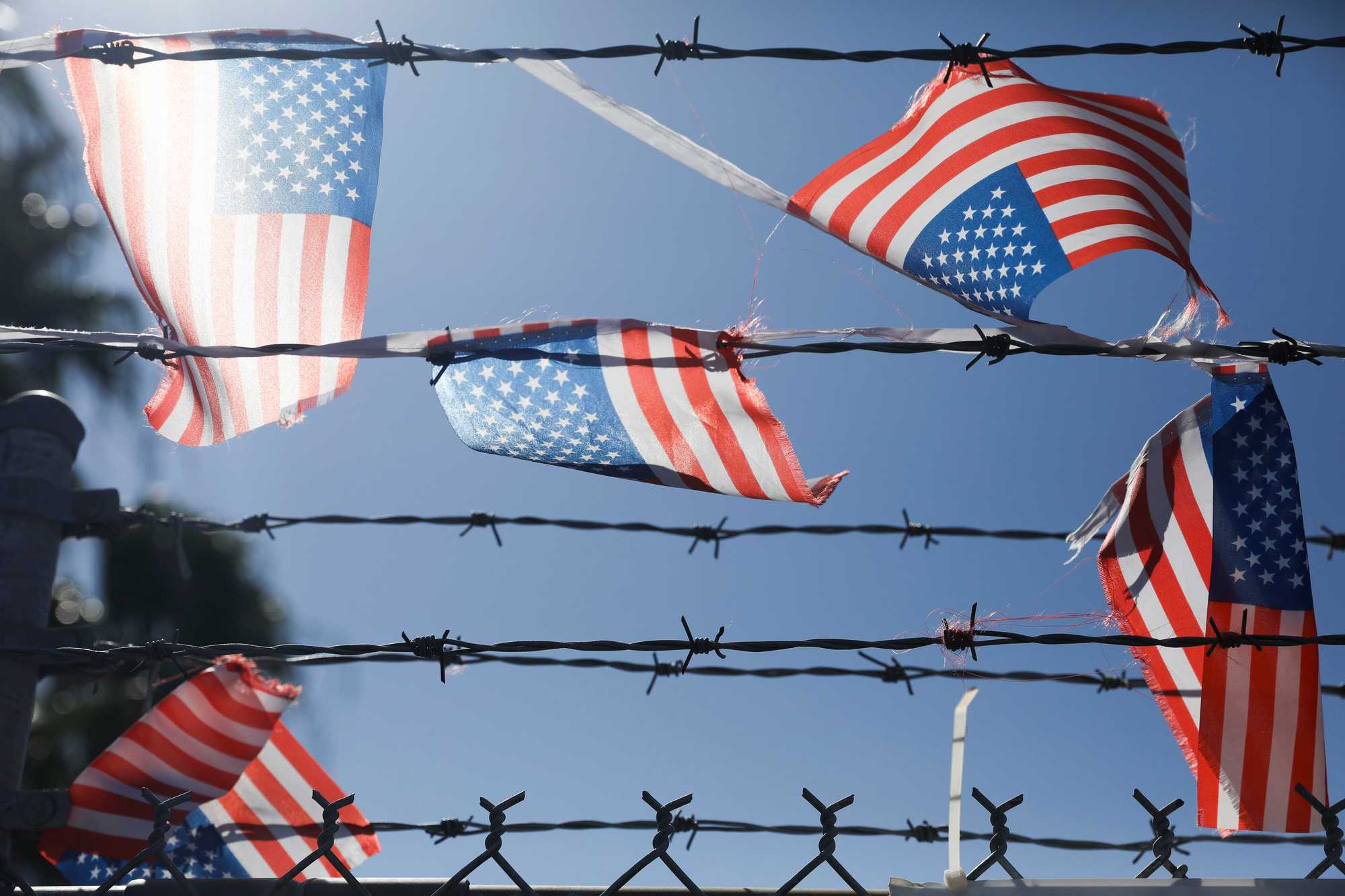 American flags flew in the wind on a barbed wire fence in Tampa, Fla. on Nov. 4, 2020. 