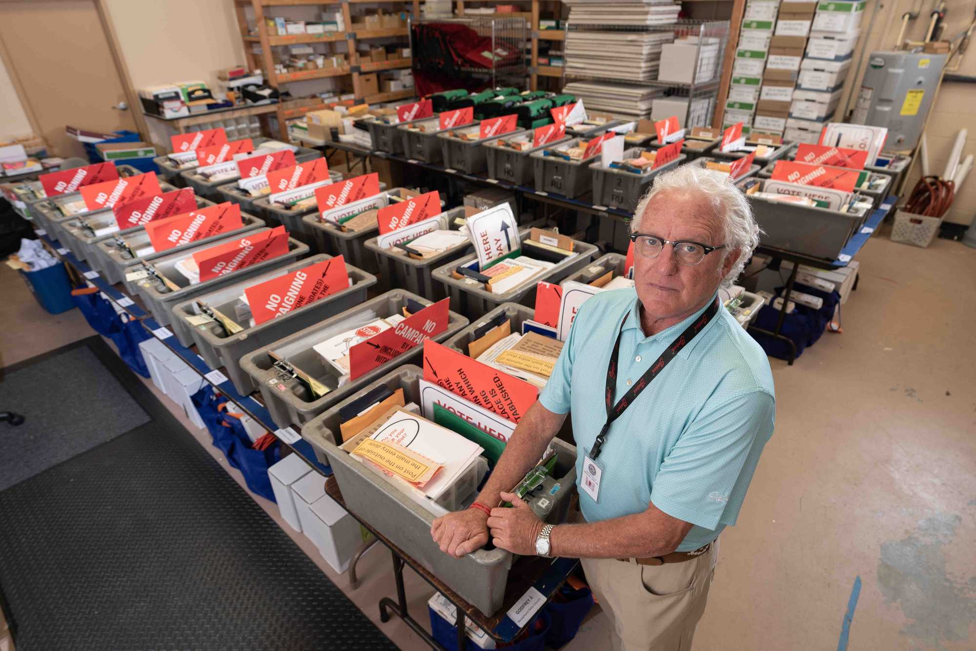  Mike Kaplan, the chairman of the Macon-Bibb County Board of Elections, stood inside a storage room where polling place supplies are separated into bins in Macon, Ga. 