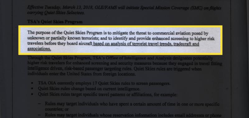 An image of the TSA's Quiet Skies bulletin with the purpose of the program highlighted by a box with yellow border