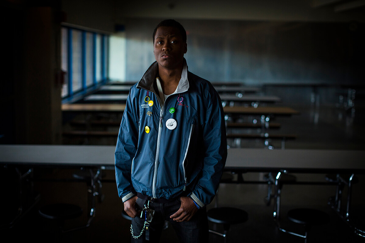 Rasheem Muhammad in a classroom at his school.