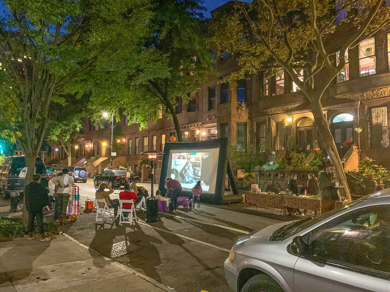 A movie night in a street in New York City.