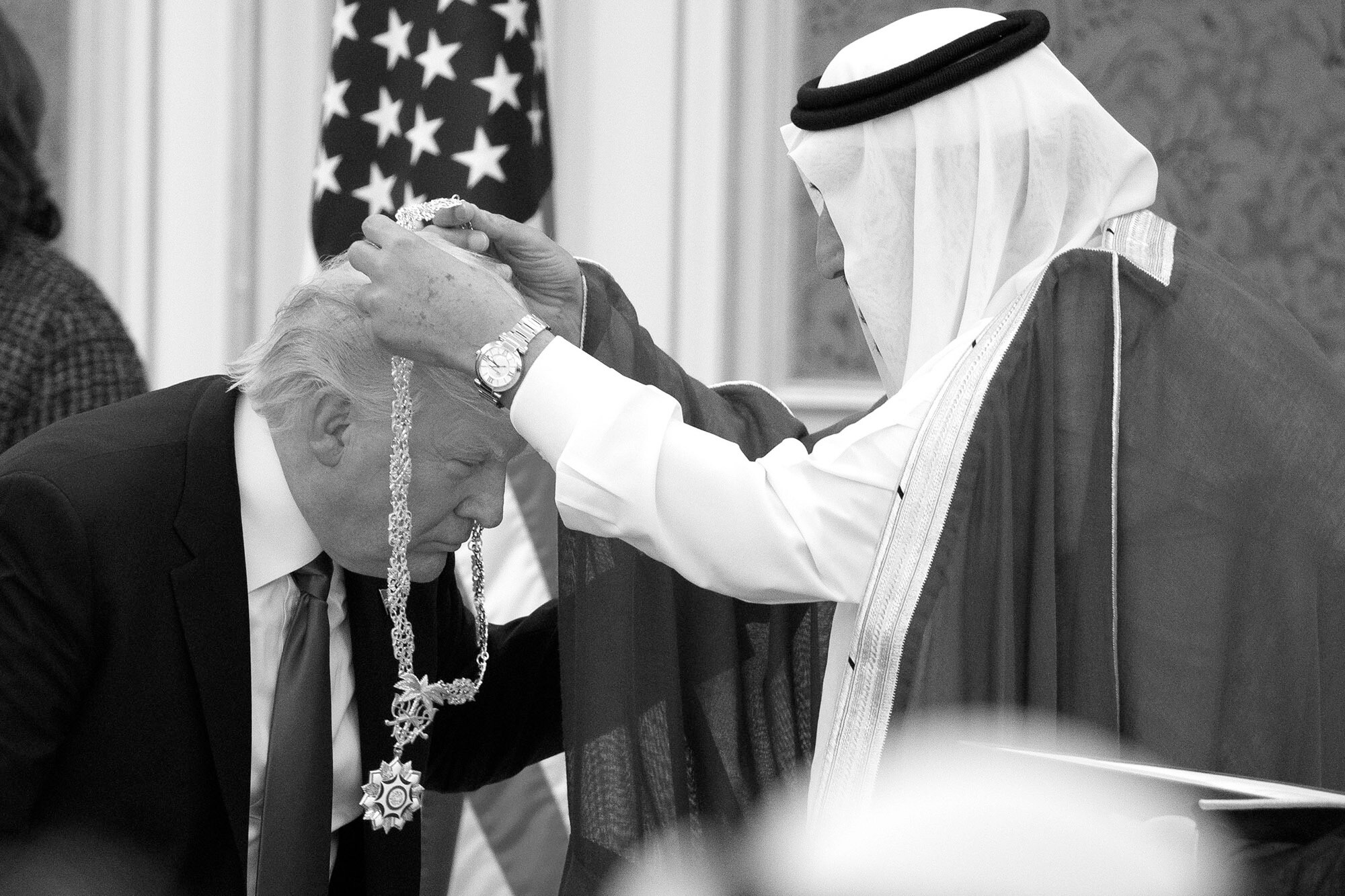 Saudi King Salman presented President Donald Trump with the highest civilian honor, the Collar of Abdulaziz Al Saud, at the Royal Court Palace, in Riyadh. President Trump bragged about having protected the Saudi crown prince, Mohammed bin Salman, after the brutal killing of Washington Post journalist Jamal Khashoggi.