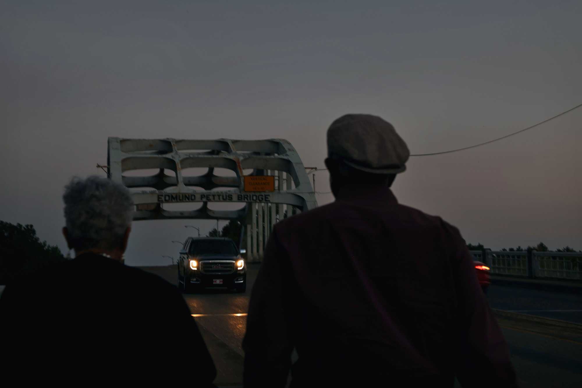 Civil rights activist J.T. Johnson (right) and his wife, Donna, visited the Edmund Pettus Bridge in Selma, Ala.  J. T. said he was a member of the Southern Christian Leadership Conference ground crew. 