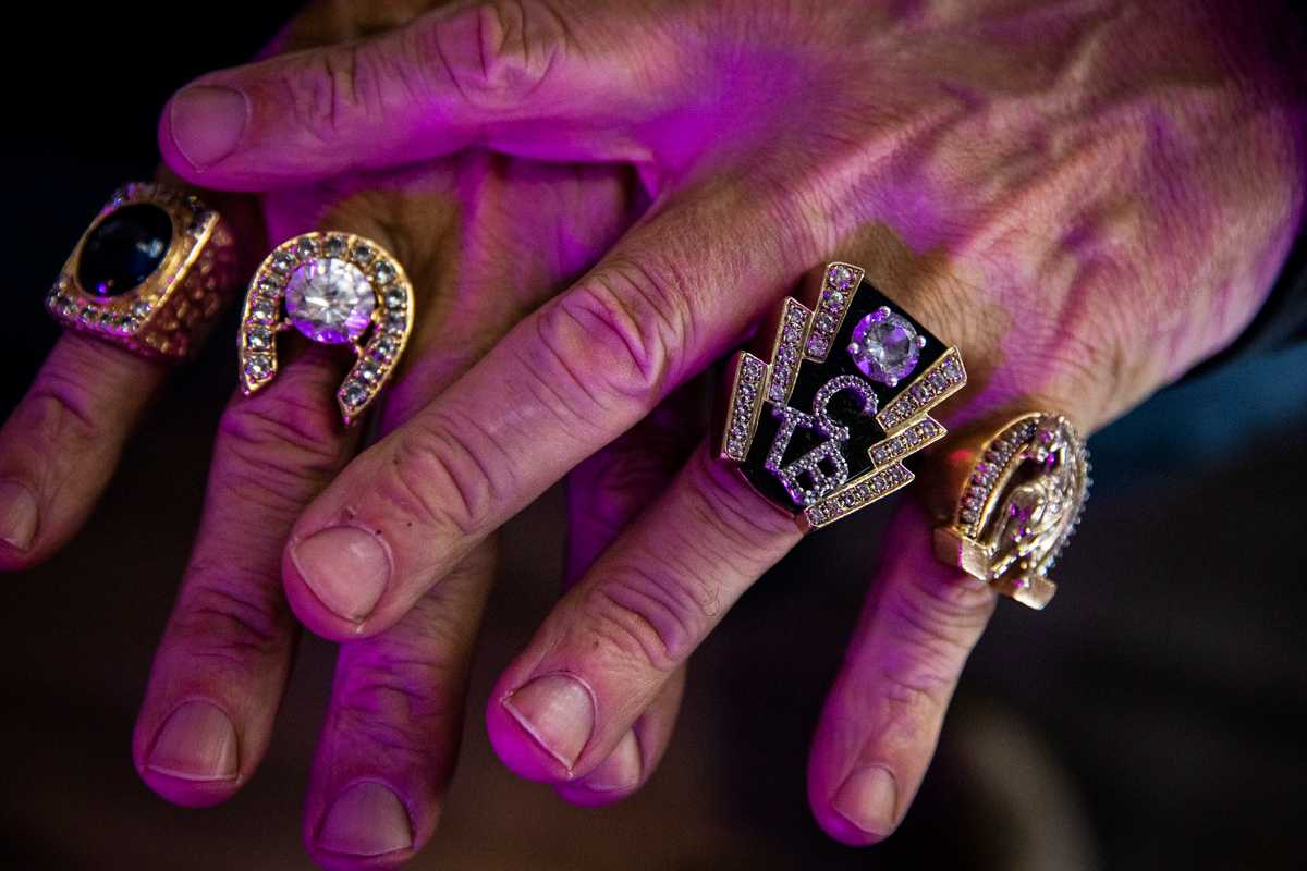 Pete Vallee displayed his rings. One ring reads TCB, Taking Care of Business, which is how Elvis referred to his band.  
