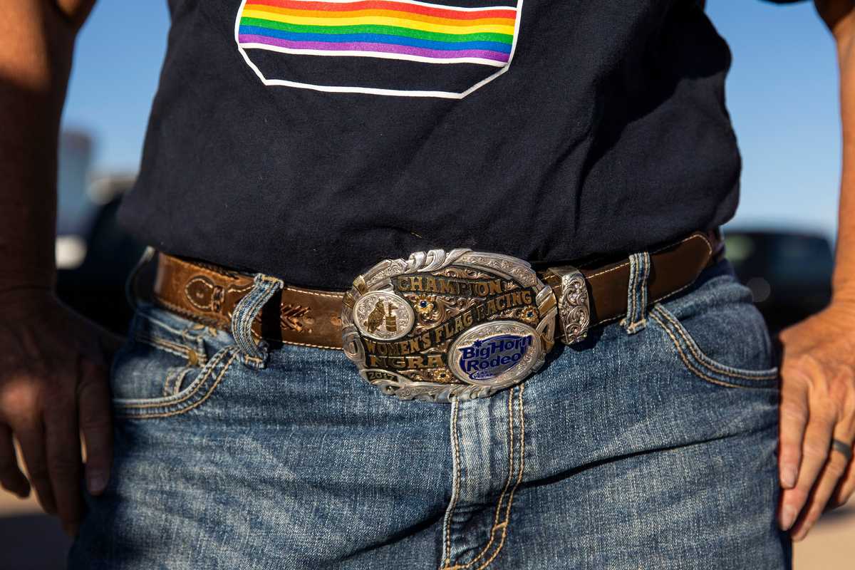 Janet Stange, of Wichita, Kan., wore her 2017 champion belt for women’s flag racing. This year, Stange won the 2022 BigHorn Rodeo All Around Cowgirl. 