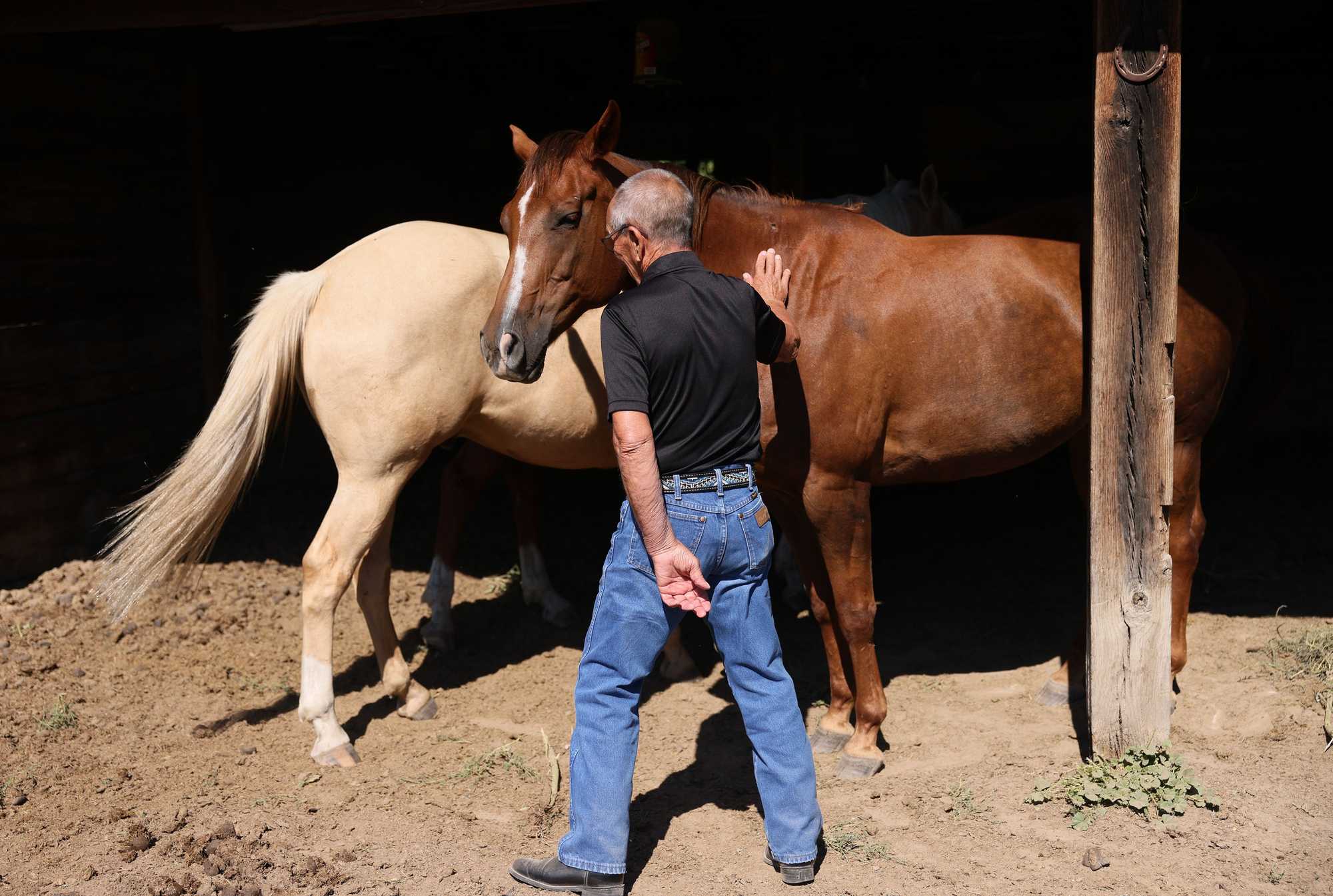 At his ranch on the Pine Ridge Reservation, Ecoffey greeted his daughter’s barrel racing horses.