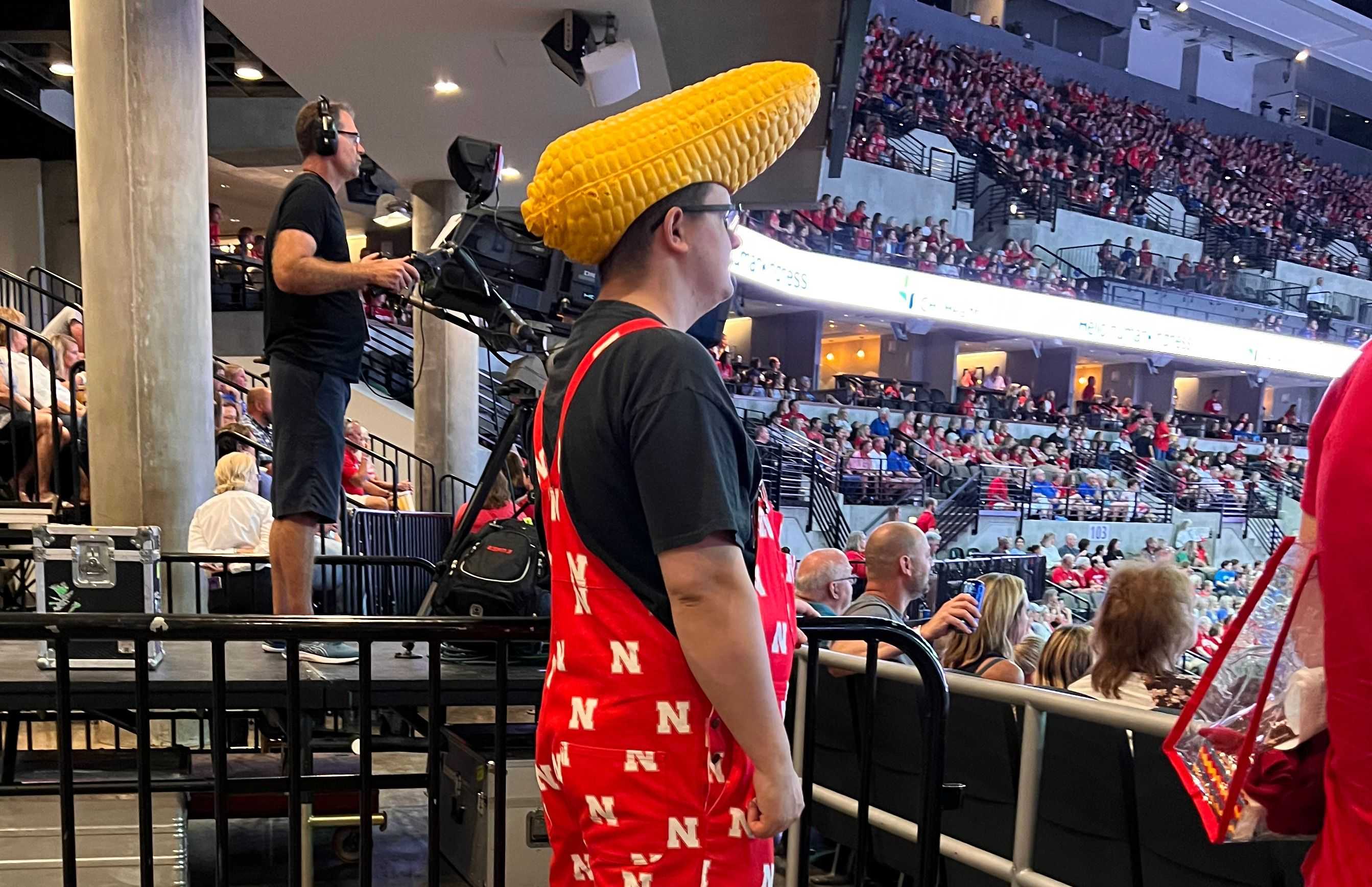 A dedicated Husker fan looked on as the Creighton University Bluejays pushed the University of Nebraska Cornhuskers into a fifth set during a women's volleyball match at CHI Health Arena in Omaha on Sept. 6.