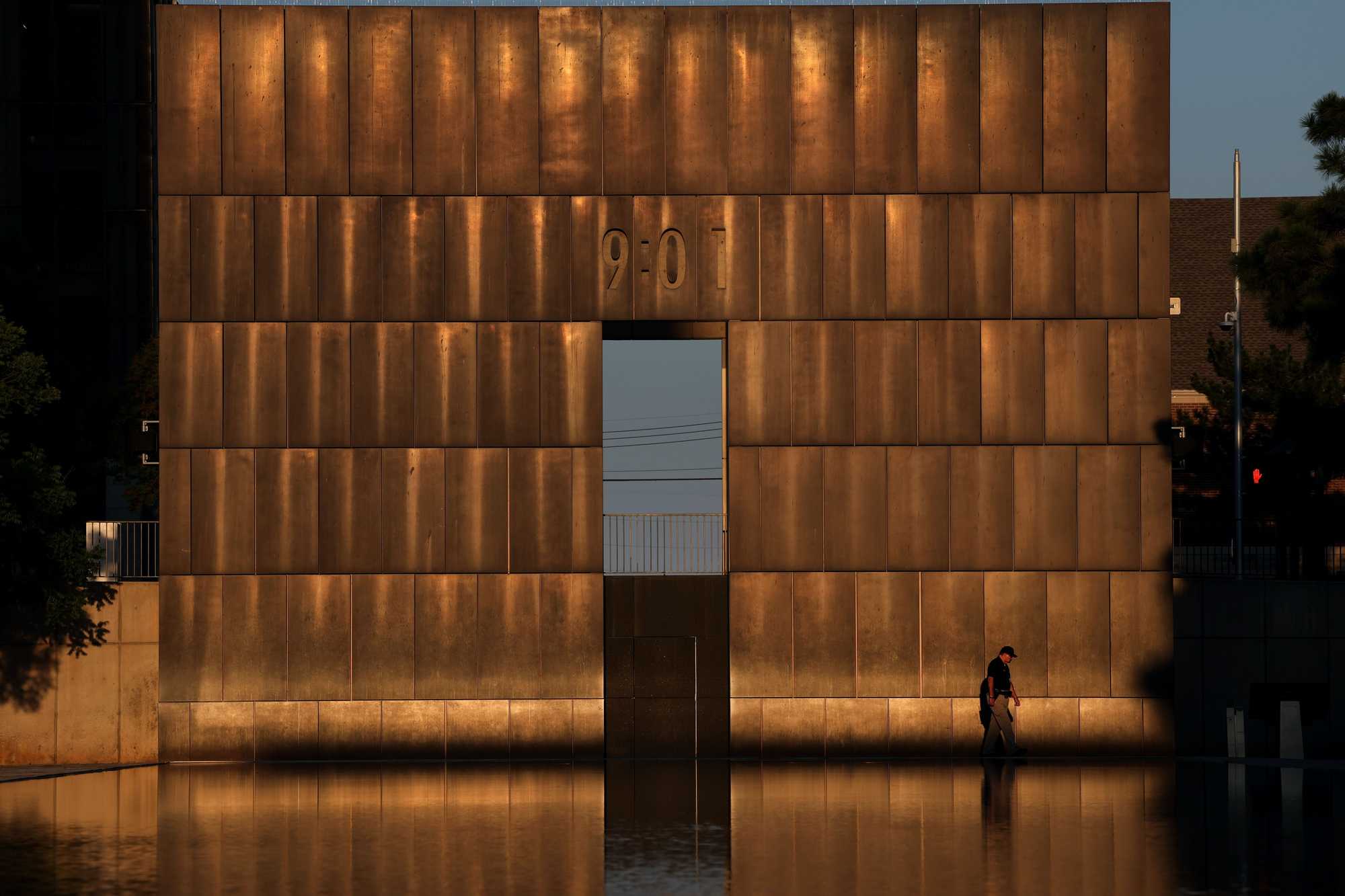 A security officer passed through the memorial. 