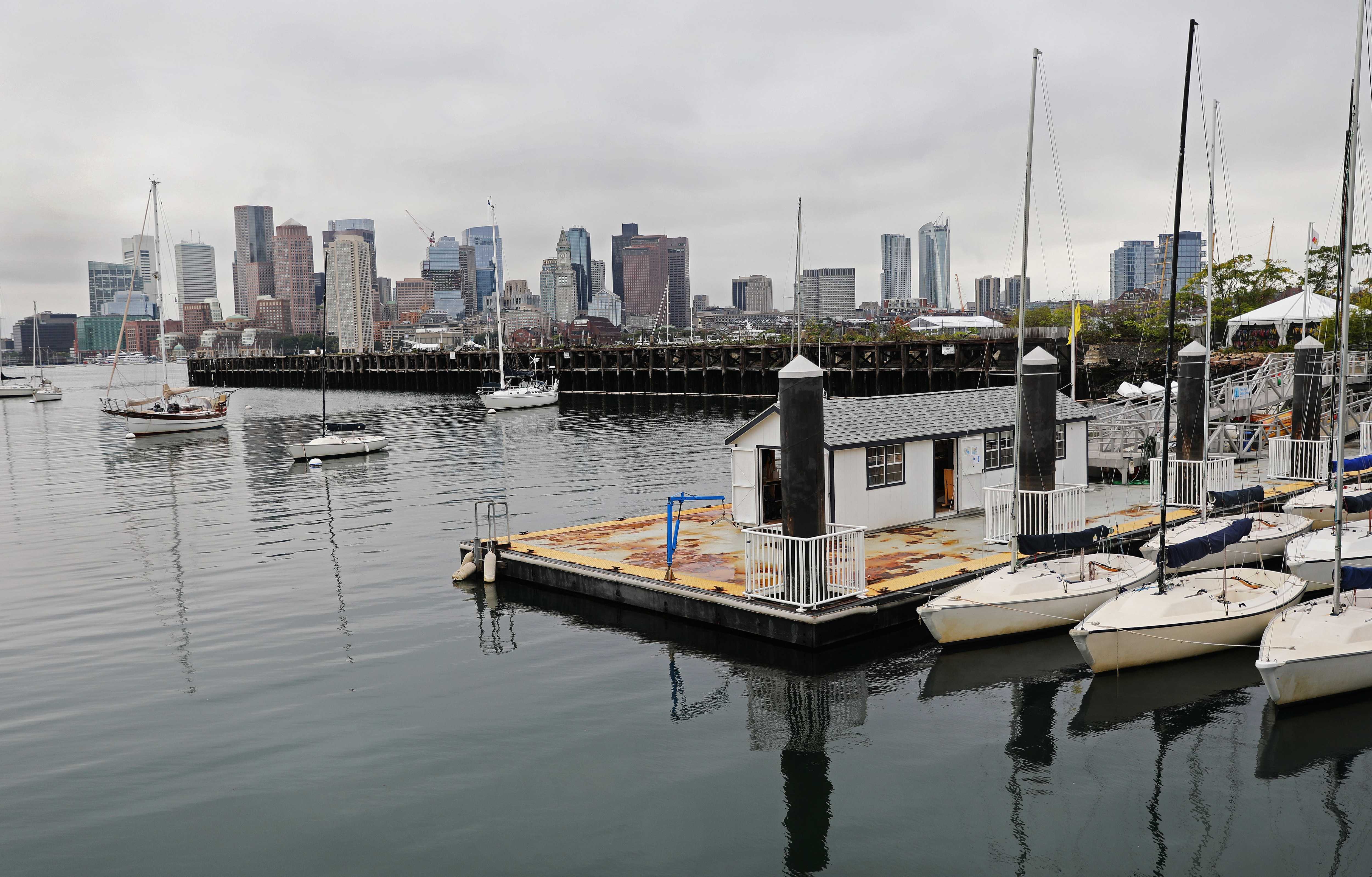 The Boston team returns to Boston. Yeah! The skyline is viewed from Piers Park, in East Boston.