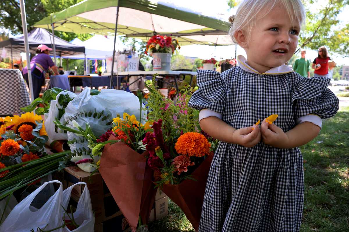 Lily Kees, 2, helped out at her family farm stand during the Bentonville Farmers Market On the Square one day in September.