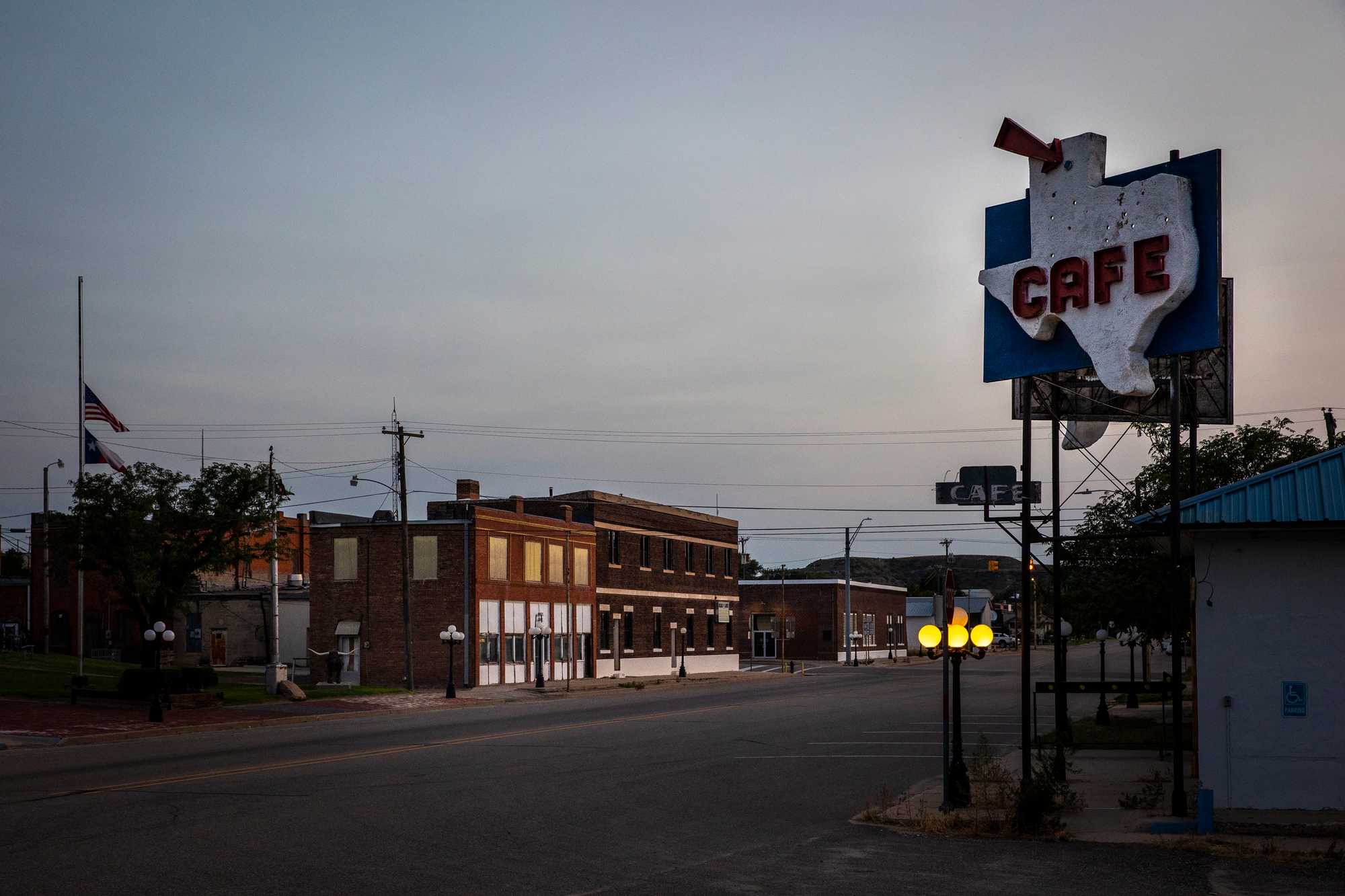 The Main Street of Miami, Texas. The cafe was closed recently, leaving the small grocery store one of the only places in town for food.