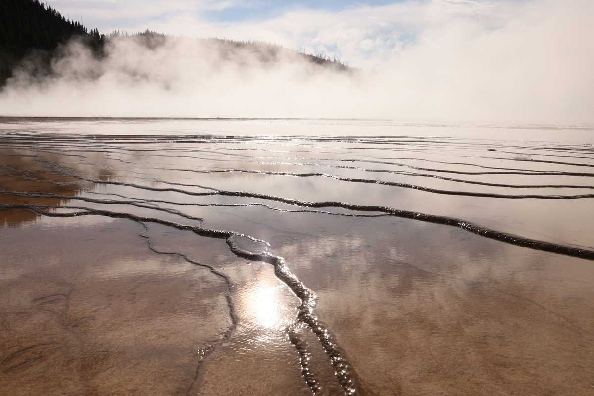  Steam rose from the Grand Prismatic Spring, the largest hot spring in the United States. According to the Yellowstone park website, it's bigger than a football field at 370 feet in diameter. 