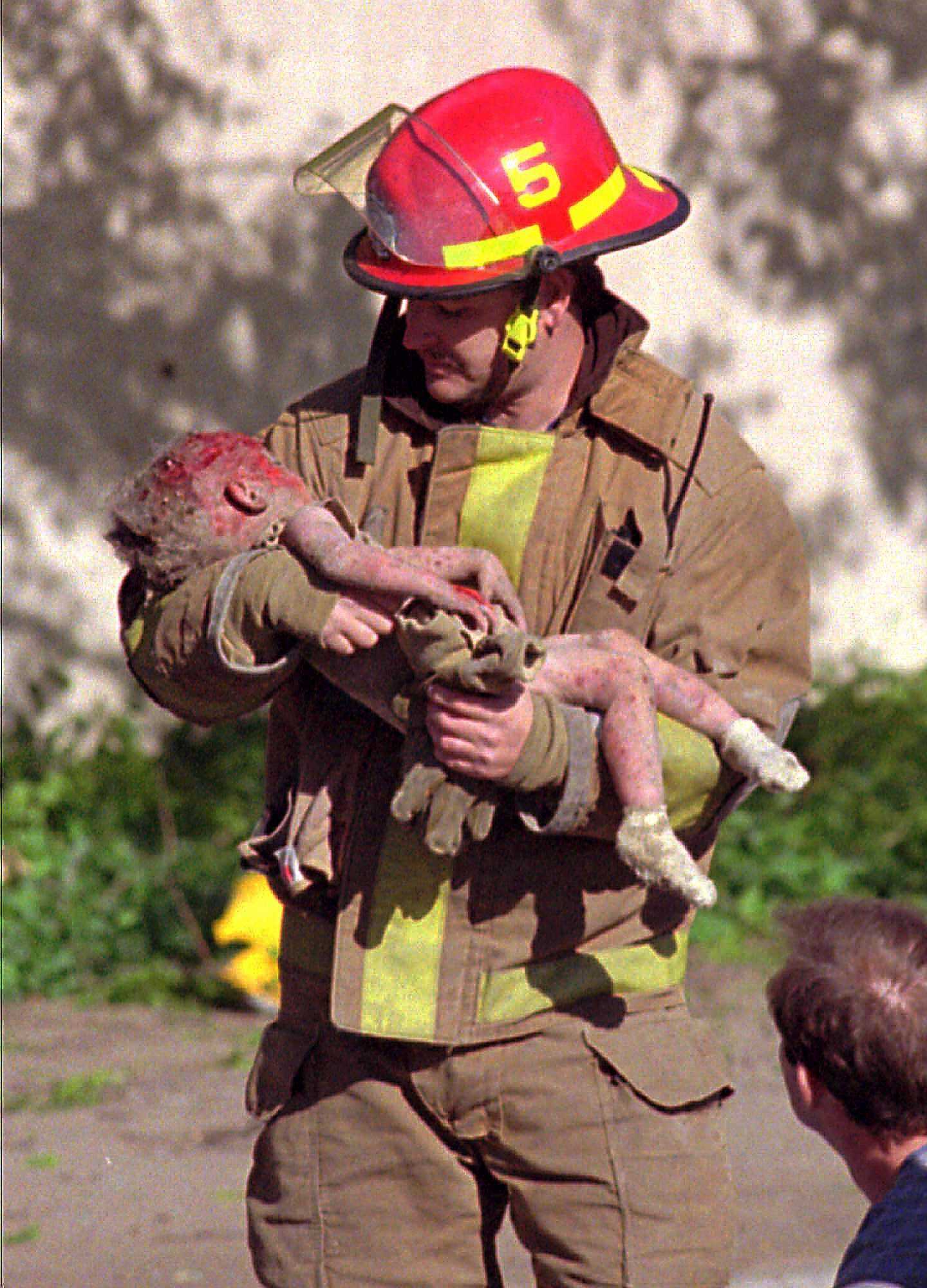 The photo of an Oklahoma City firefighter carrying a child from the wreckage of the Alfred P. Murrah Federal Building appeared in publications around the country.