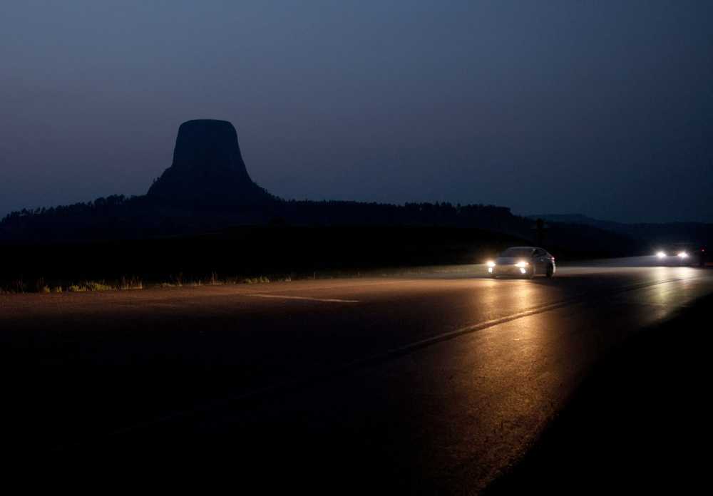 Cars passed by Devils Tower, which played a major role in the 1977 Steven Spielberg movie "Close Encounters of the Third Kind."