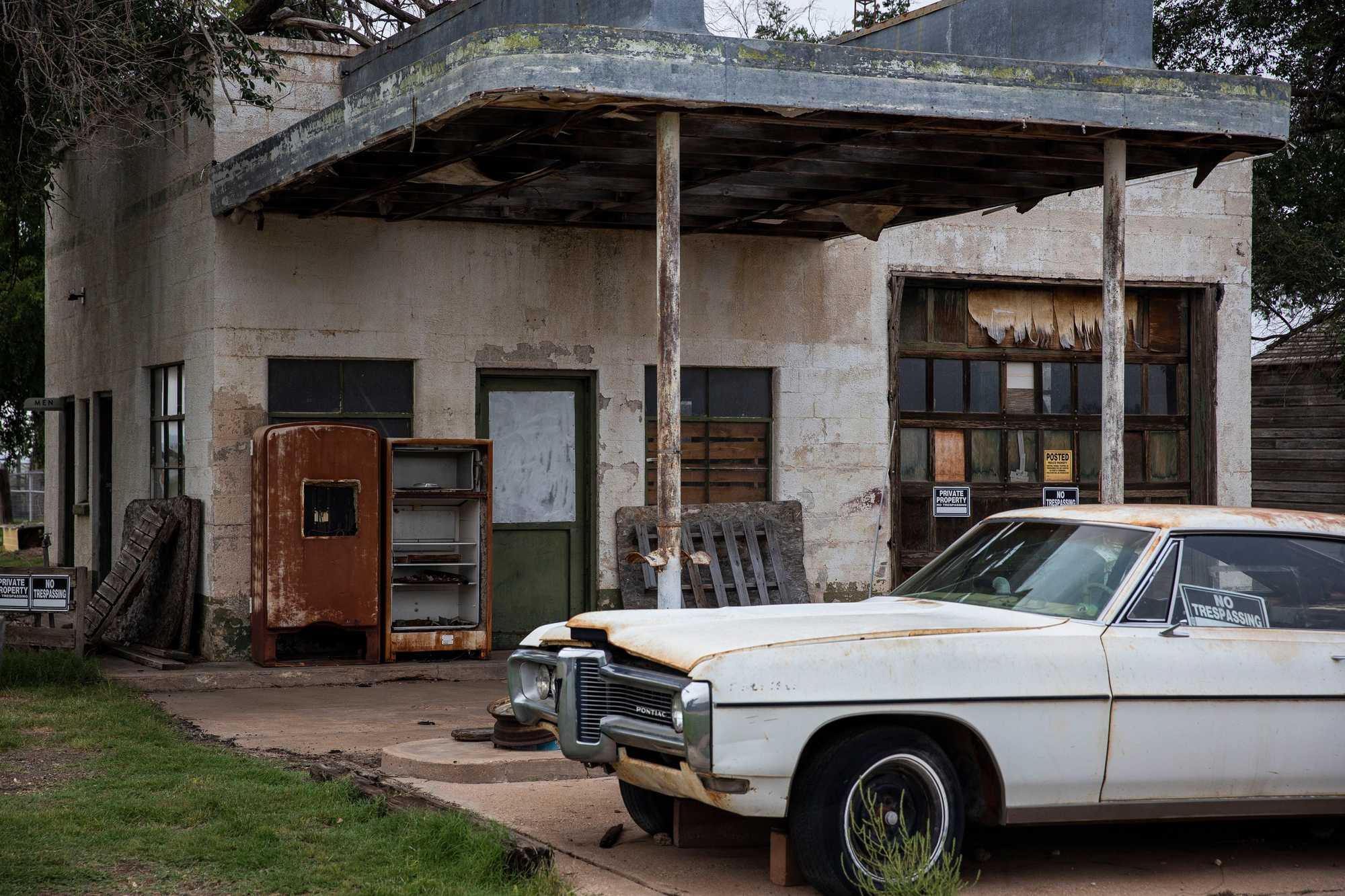 In Glenrio, Texas, you can see the traces of Route 66 and the motels and gas stations that once thrived here. Glenrio became a ghost town when it was bypassed by construction of a new interstate.