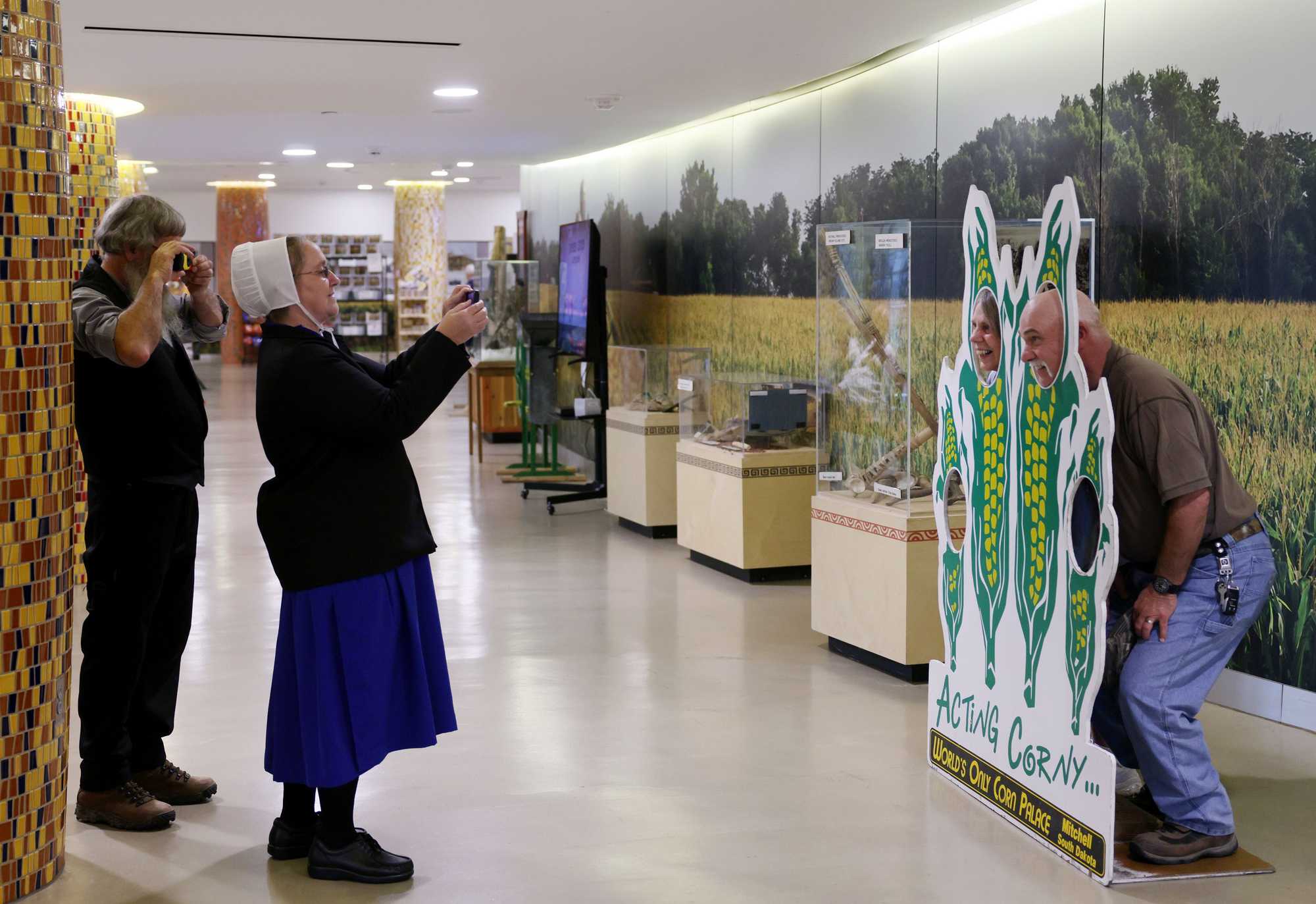 Visitors posed for photos inside the World’s Only Corn Palace.