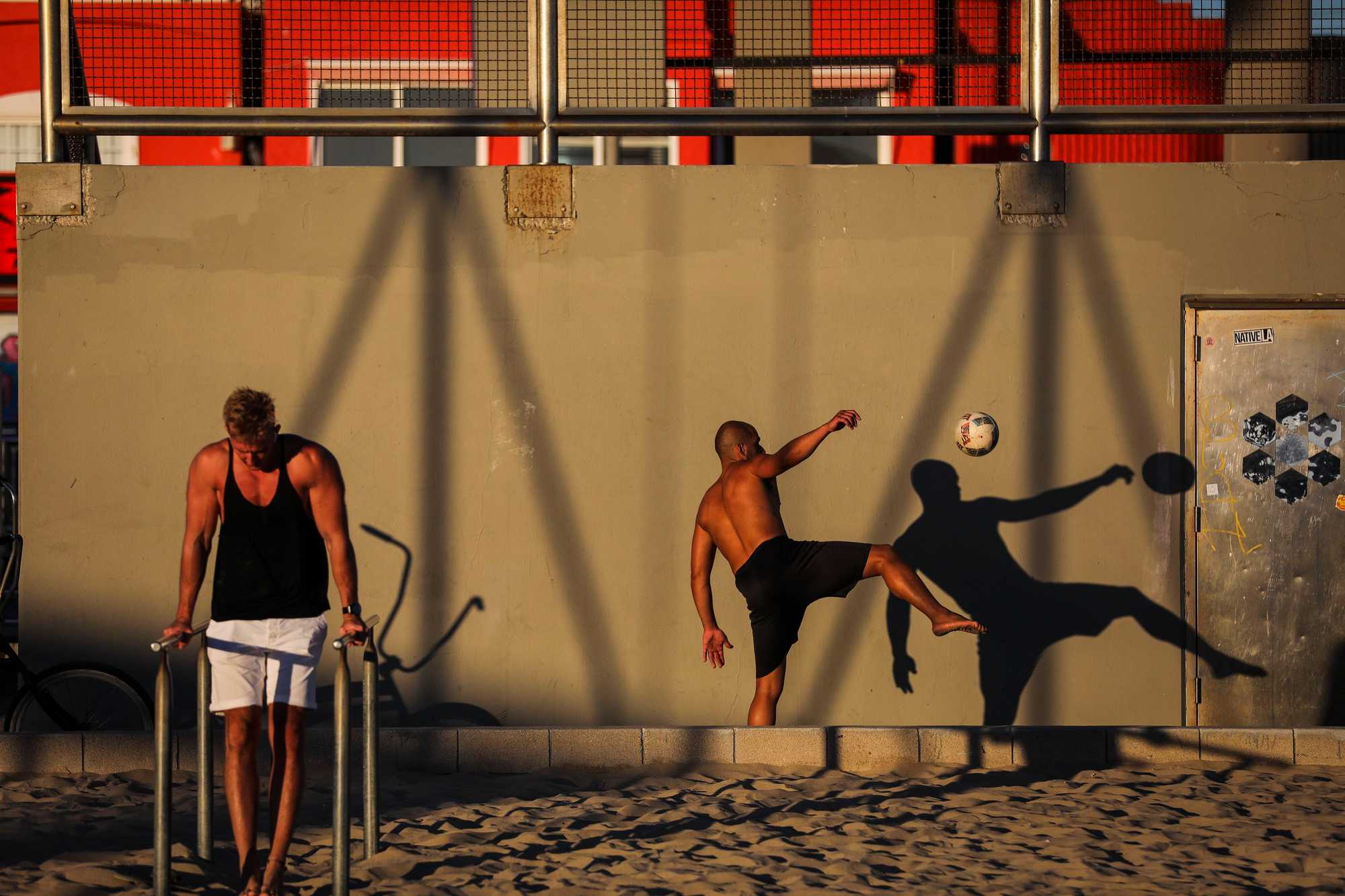 People worked out at Muscle Beach in Venice Beach.