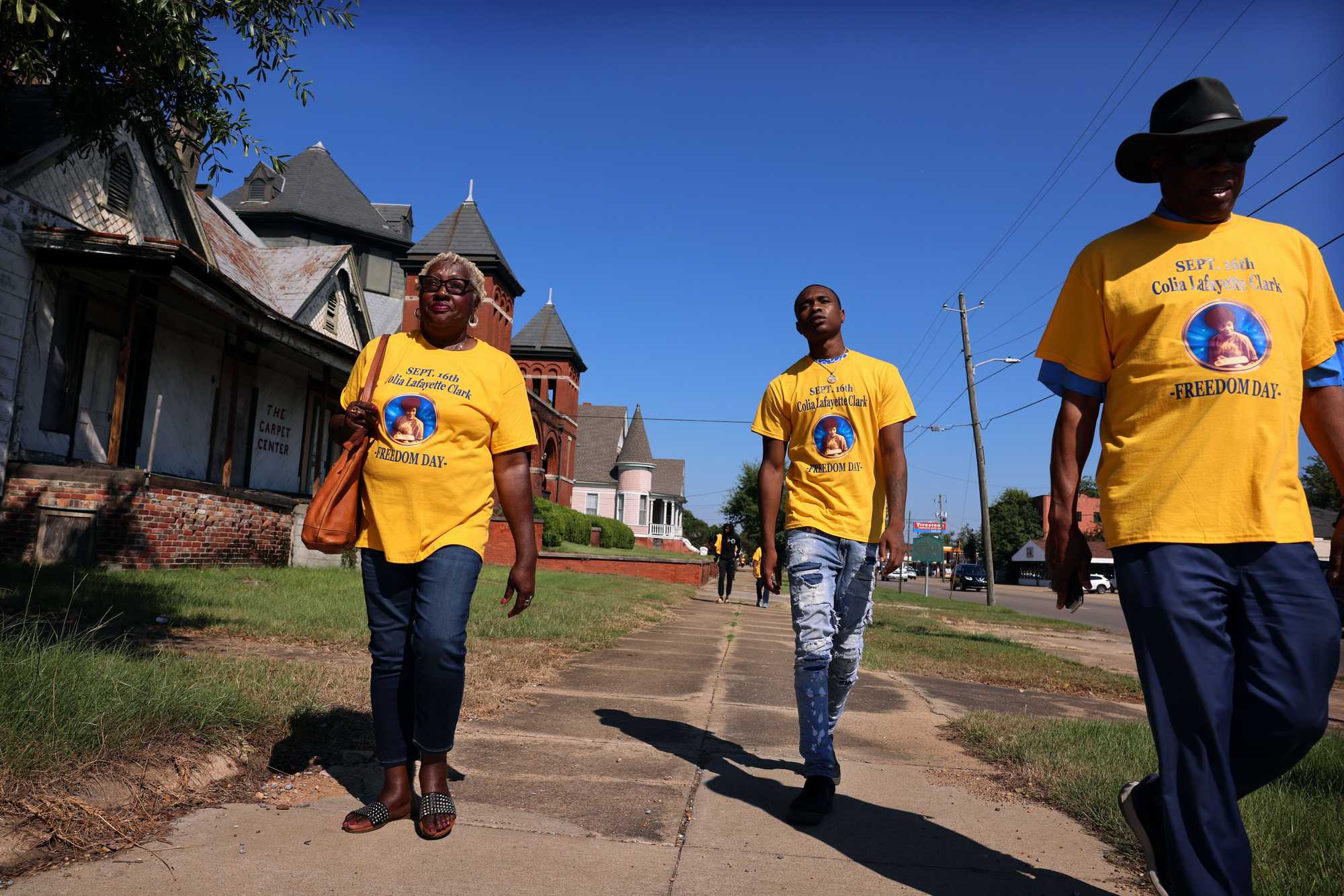 From left to right: Betty Boynton, Marvin White Jr., and organizer Charles Bonner led a march in Selma on Sept. 16. 