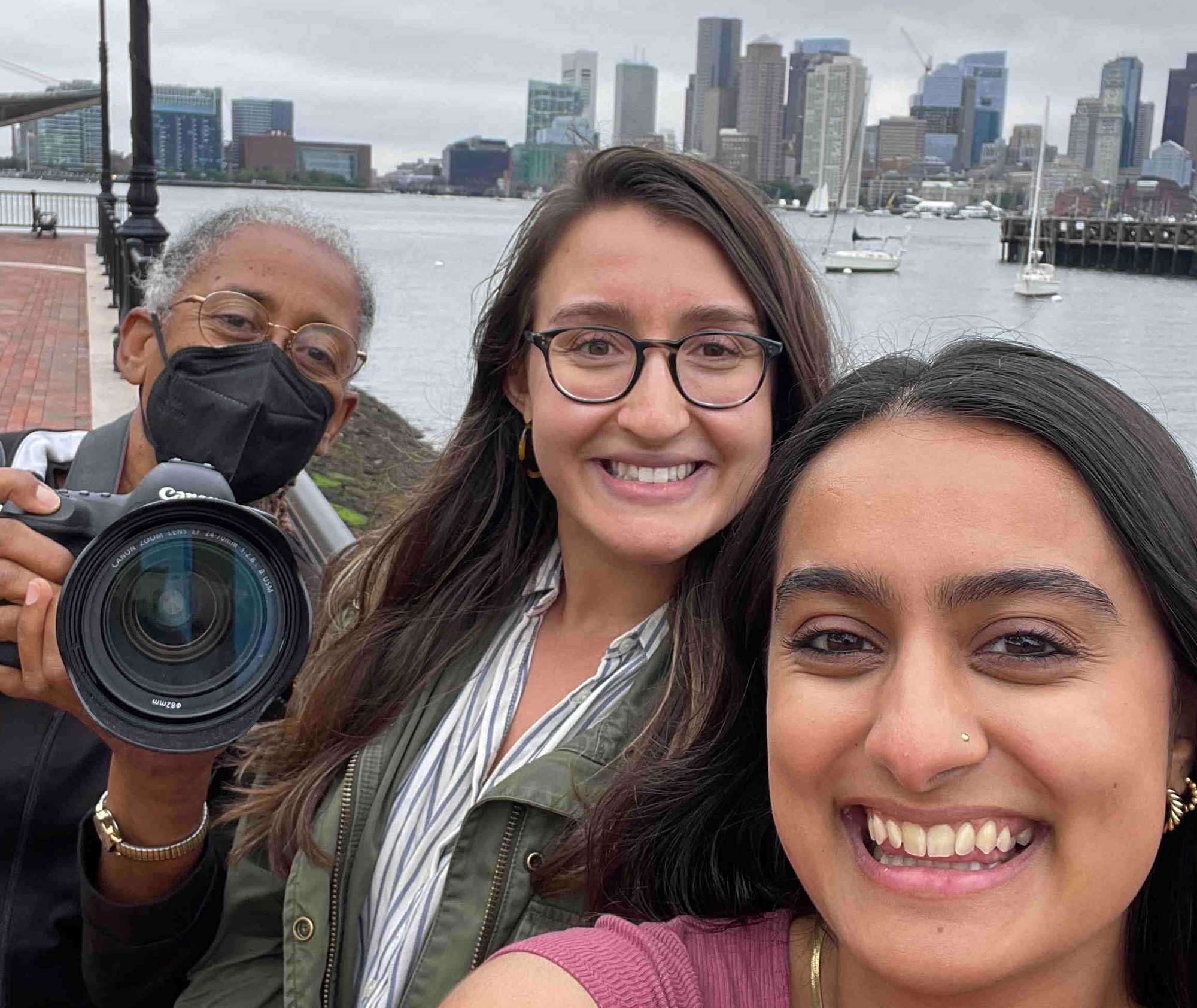 From left to right: Globe staffers Pat Greenhouse, Emma Platoff, and Diti Kohli finished up their journey on the Boston waterfront. 