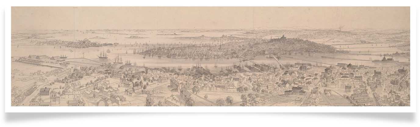 An engraving of Boston Hill from the viewpoint of Bunker Hill done in 1848.