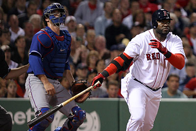 David Ortiz, right, watches his home run leave the park as Texas Rangers catcher Jarrod Saltalamacchia, second from right, looks on.